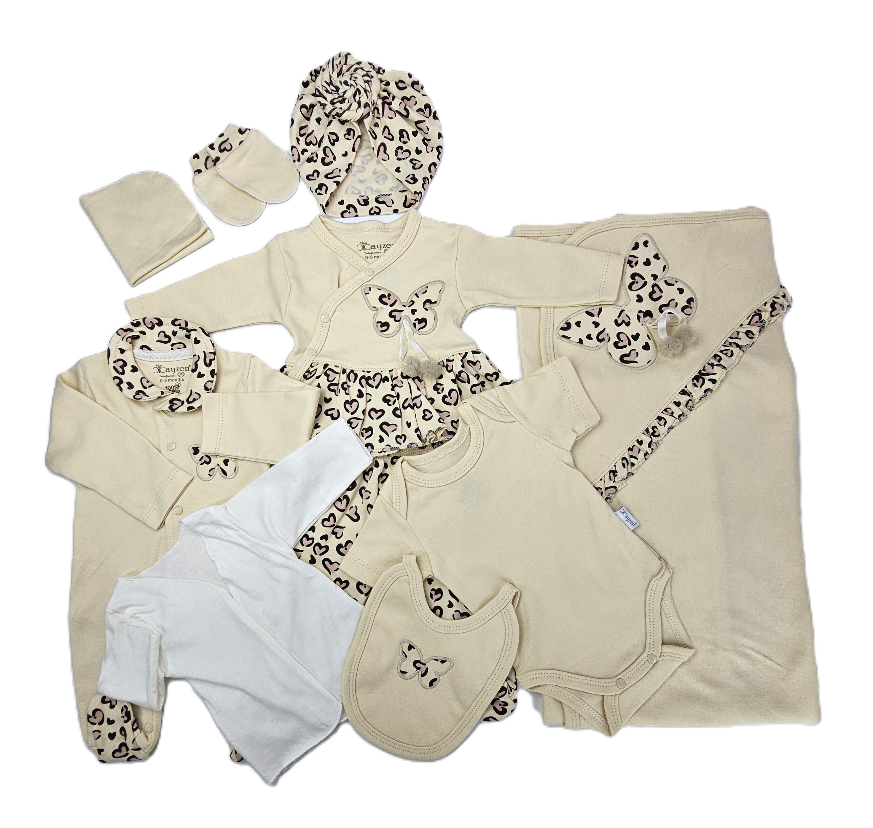 Set Bebesh 10 Pjese Mini Cayzen 3006 Ngjyre Bezhe Dizajn Leopard/New Born Baby Set 