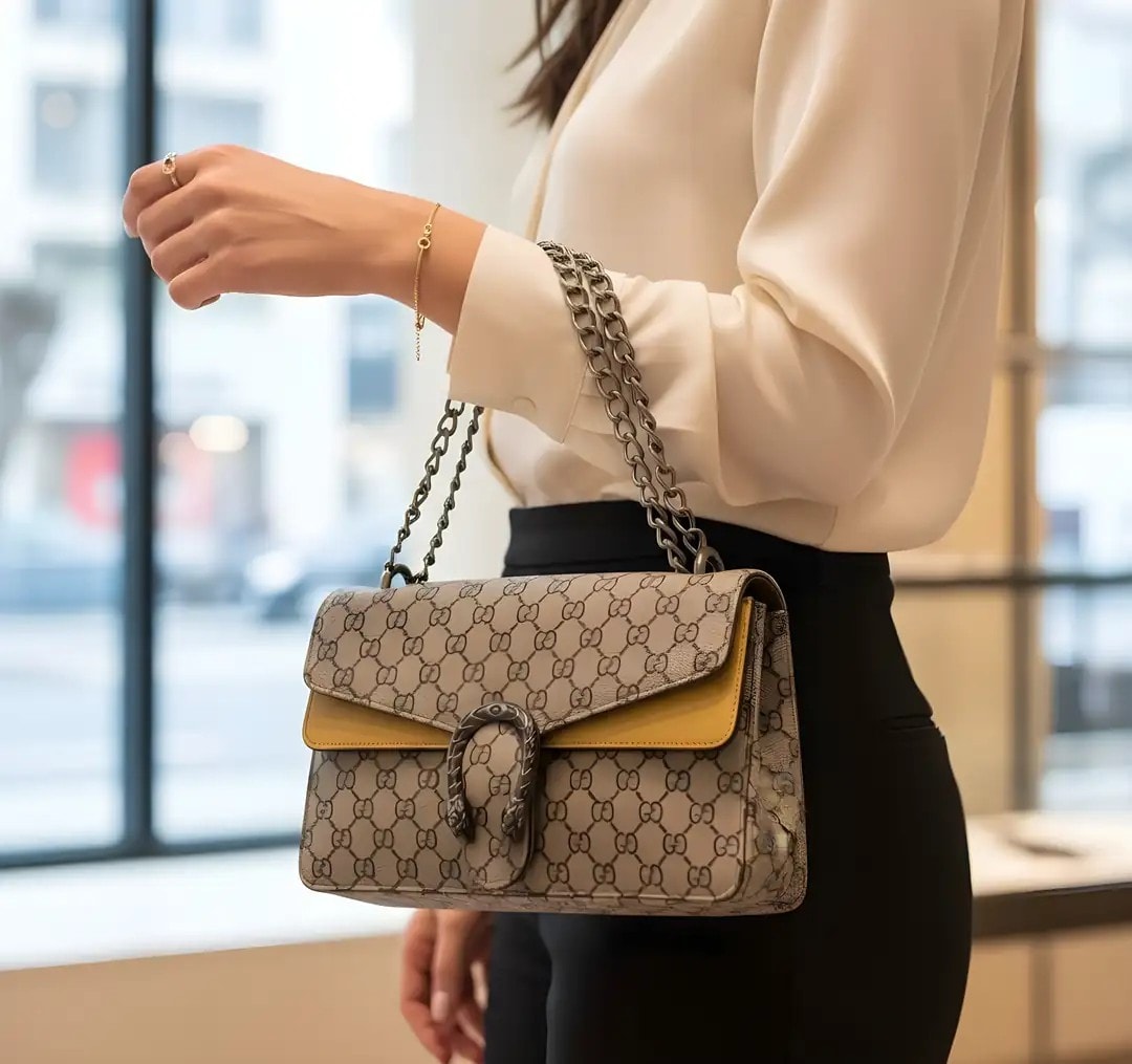 Cante Ngjyre Gri me Dizajn te Verdhe dhe Rrip Zinxhiri S.Hand 