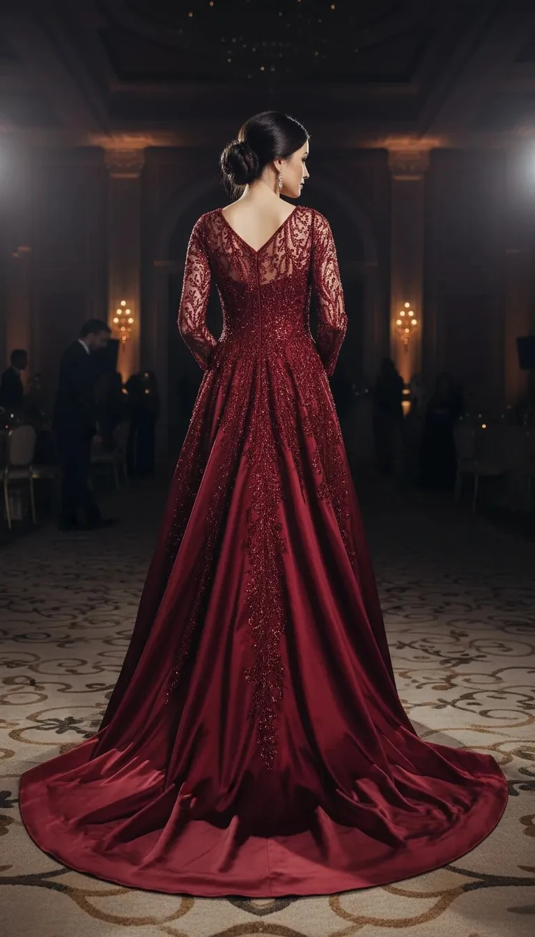 Fustan Nuserie Ngjyre Vishnje me Detaj Tyl dhe Teminash S.Hand Wedding Dress