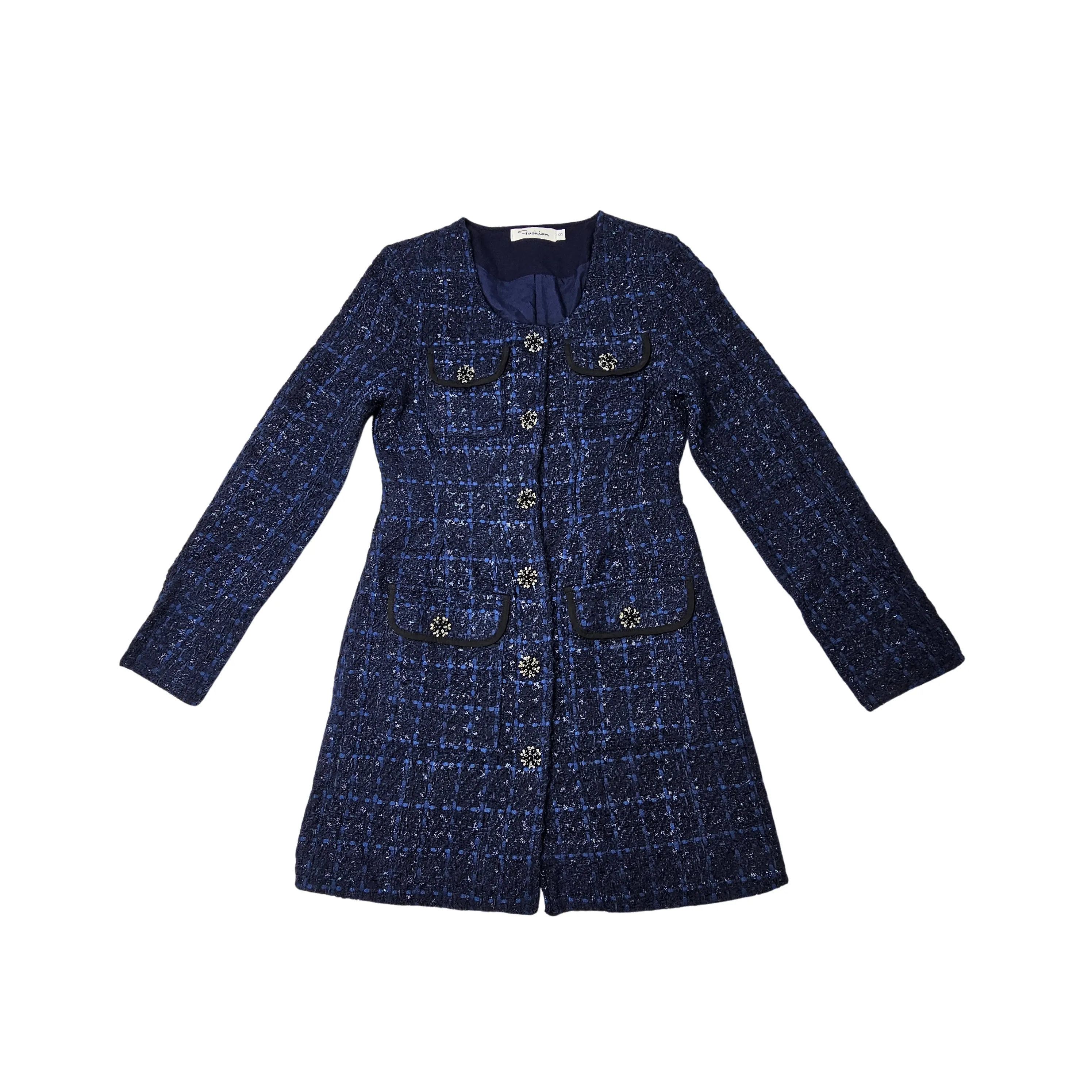 Fustan-Xhakete Femrash Ngjyre Blu i Erret me Detaj Kopsash dhe Xhepa  Women's Dress