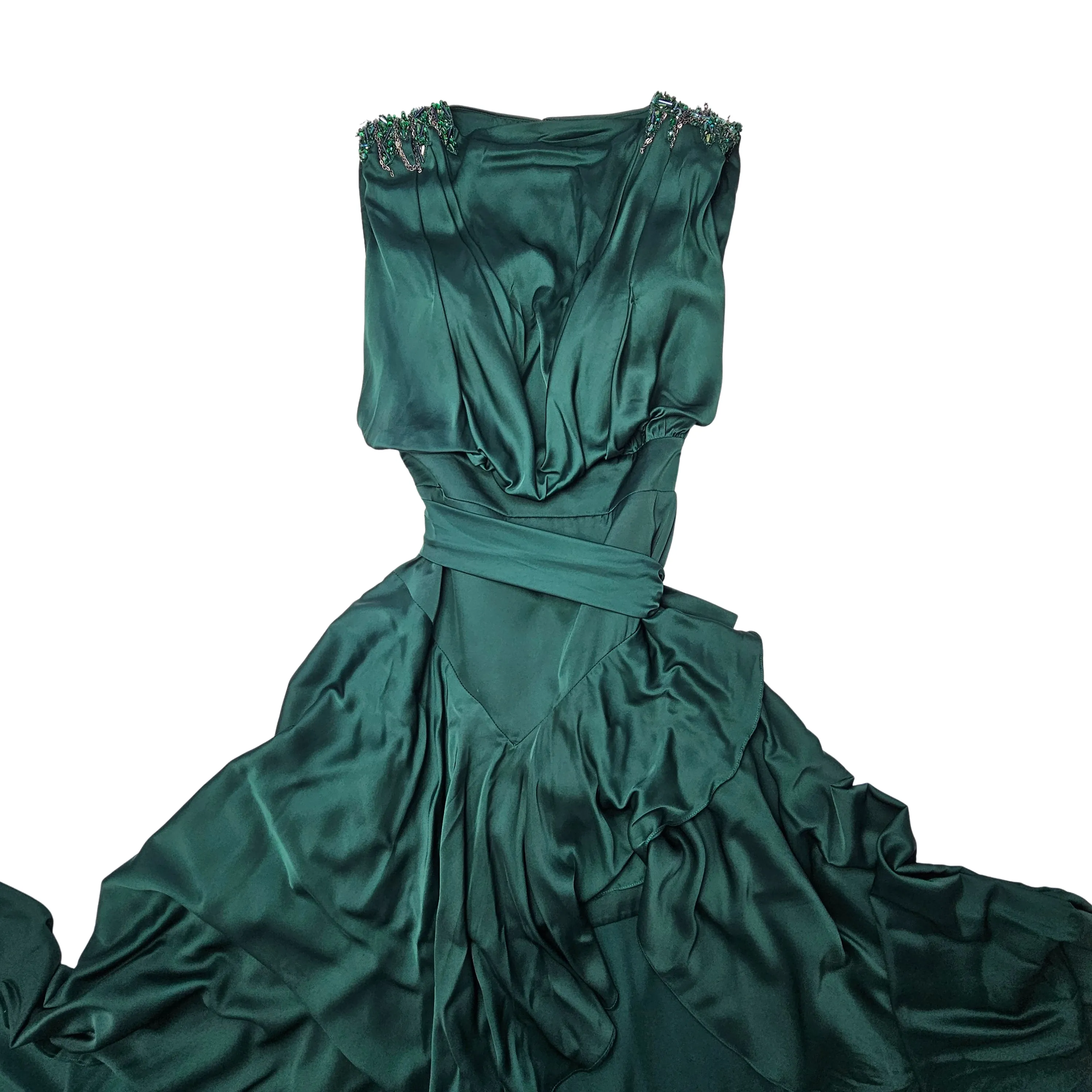 Fustan Femrash Saten Ngjyre Jeshil i Erret me Detaj Guresh tek Shpatullat S.Hand Women's Dress