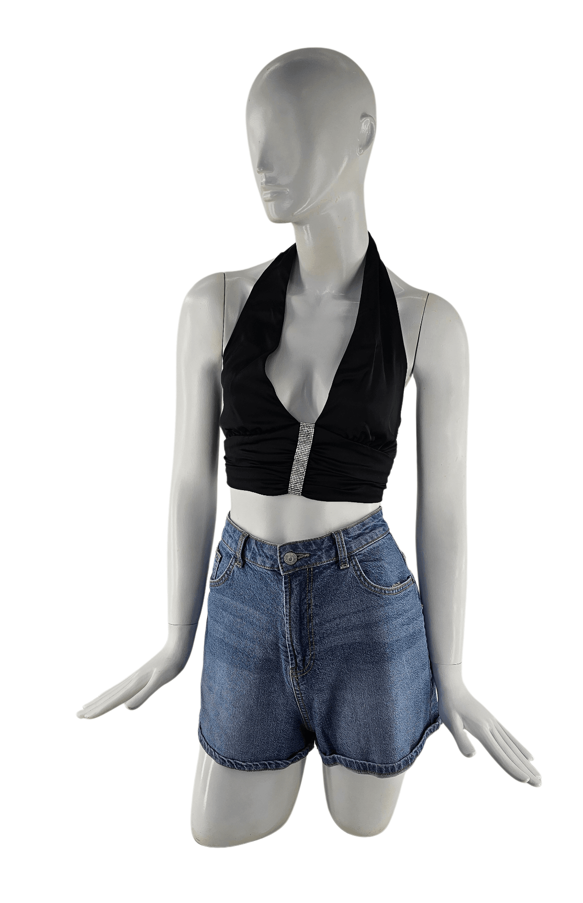 Kanatjere Femrash Bershka Crop Top Ngjyre e Zeze me Detaj me Gura Outlet/Crop Top