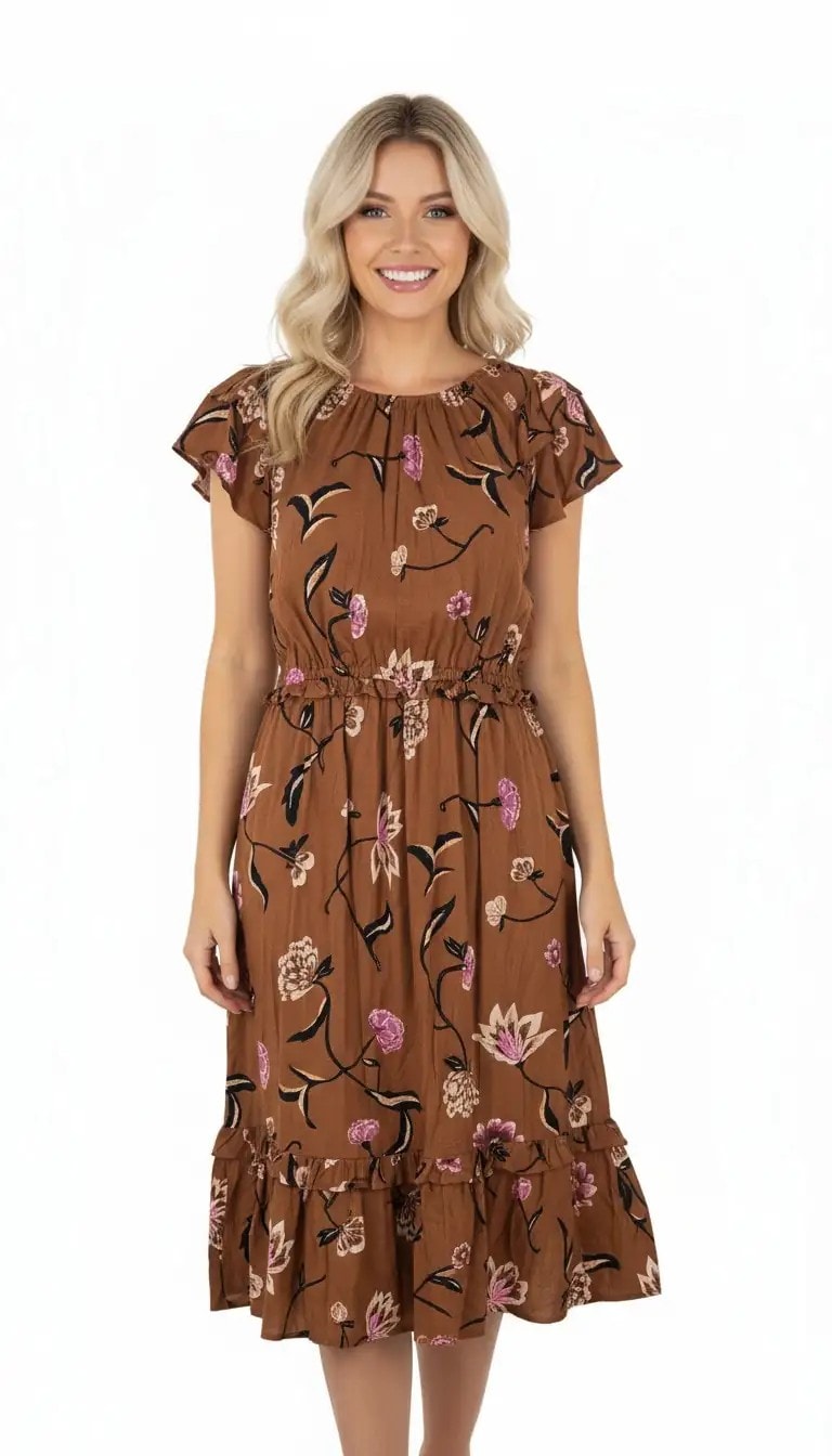 Fustan Femrash Ngjyre Kaf me Dizajn me Lule Outlet