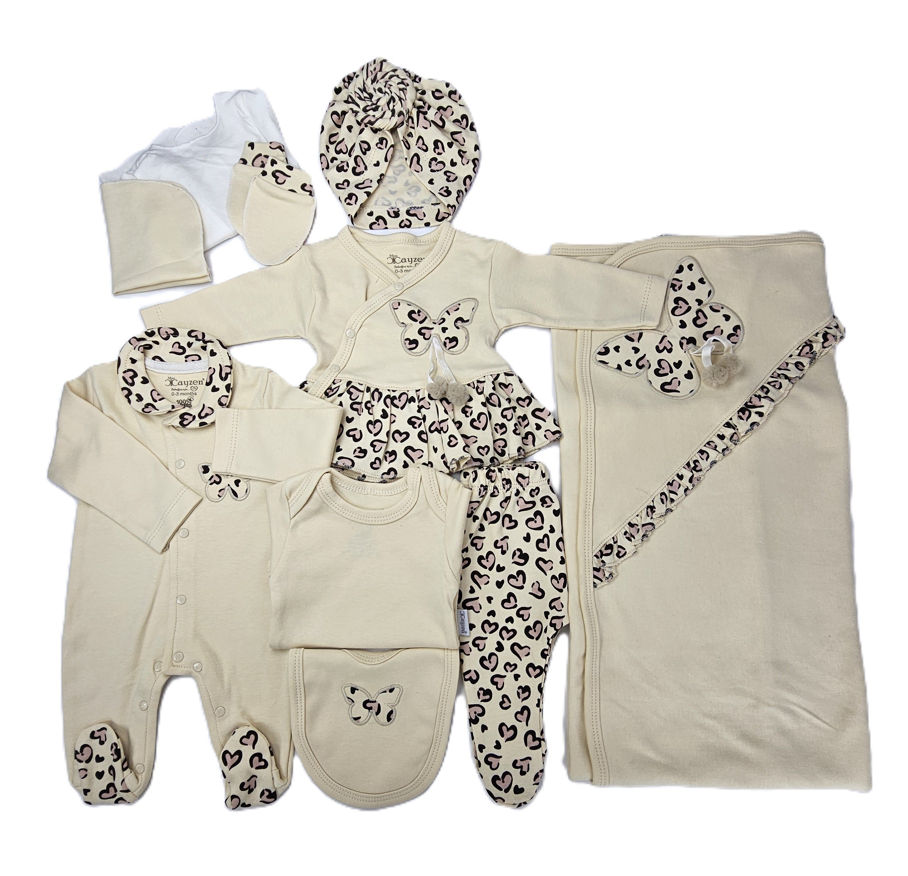 Set Bebesh 10 Pjese Mini Cayzen 3006 Ngjyre Bezhe Dizajn Leopard/New Born Baby Set 