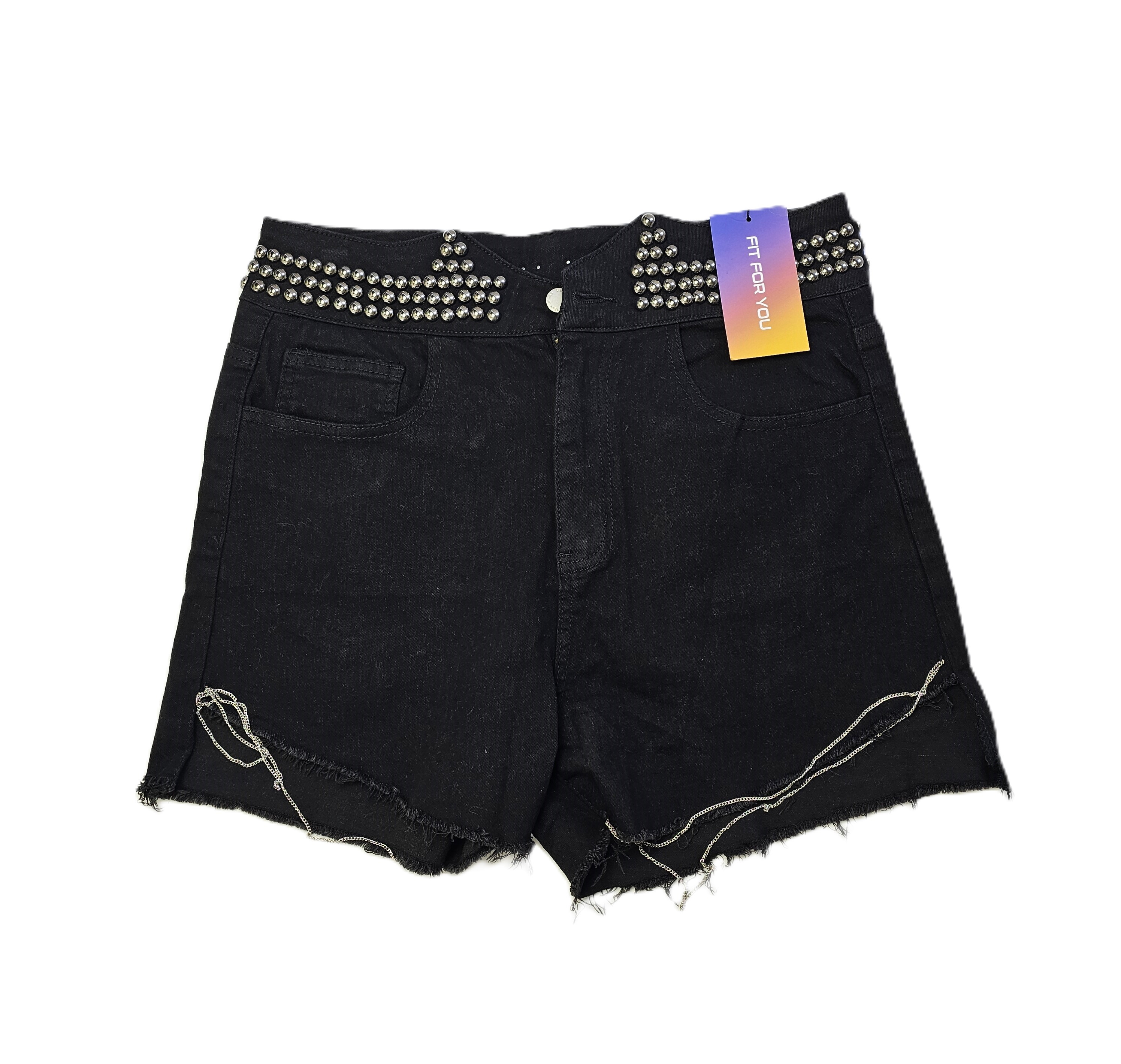 Pantallona te Shkurtra Xhins Shein Ngjyre te Zeza me Zinxhir dhe Topa Metalik Outlet/Shorts