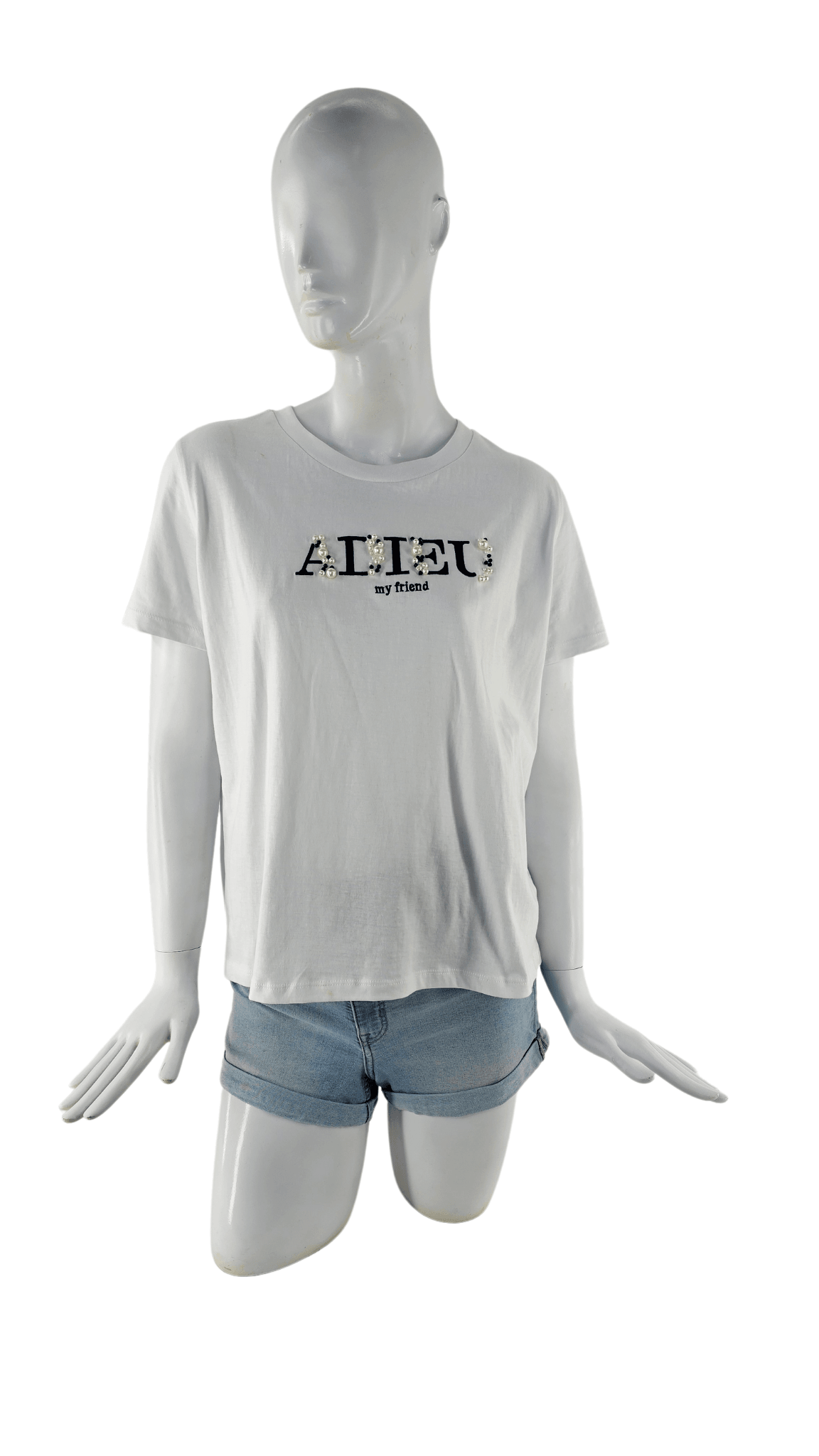 Bluze Femrash Sinsay Ngjyre e Bardhe me Dizajn te Zi me Perla Outlet T-Shirt 
