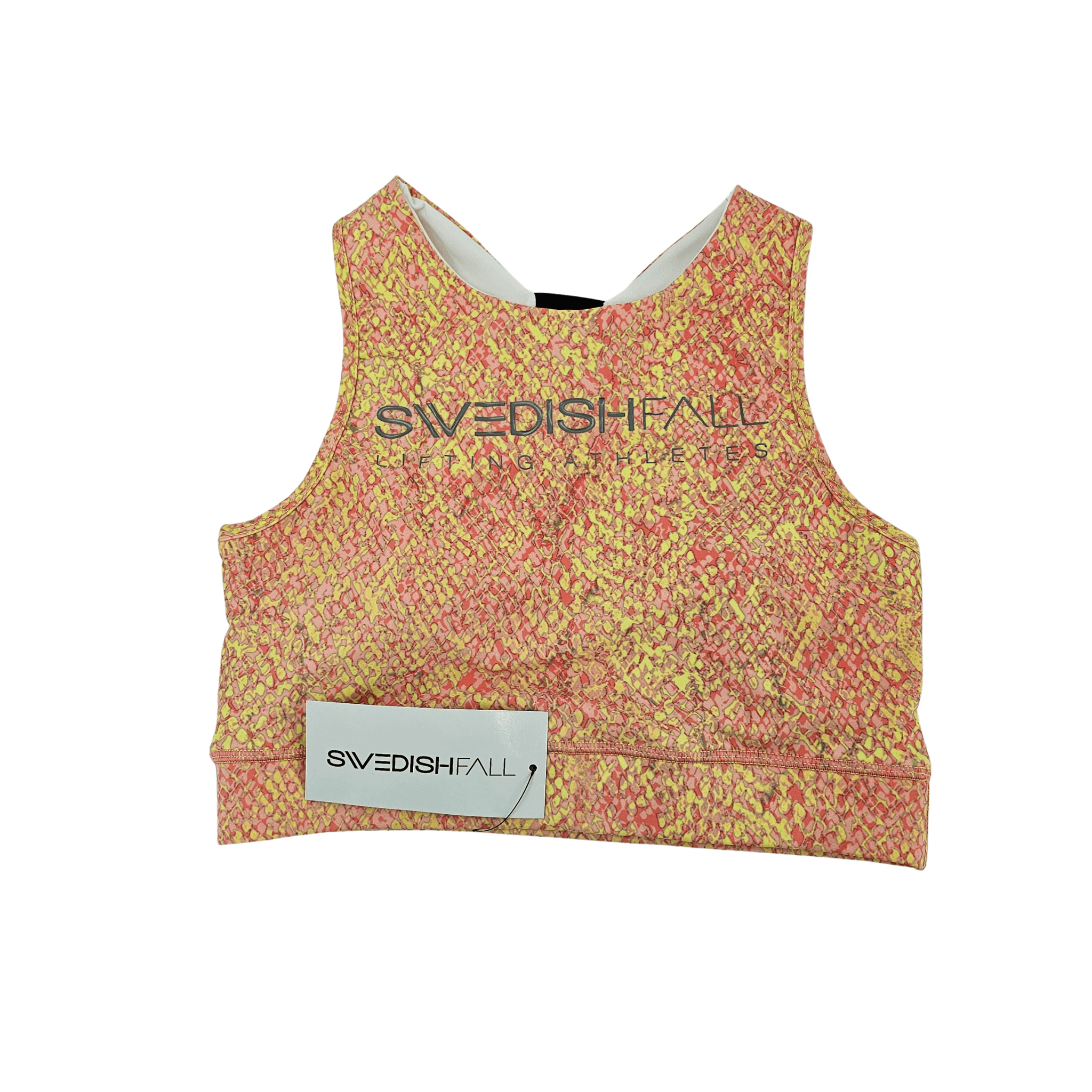 Fitness Crop Top Swedish Fall Dizajn Gjarpri Ngjyre Roze me te Verdhe 