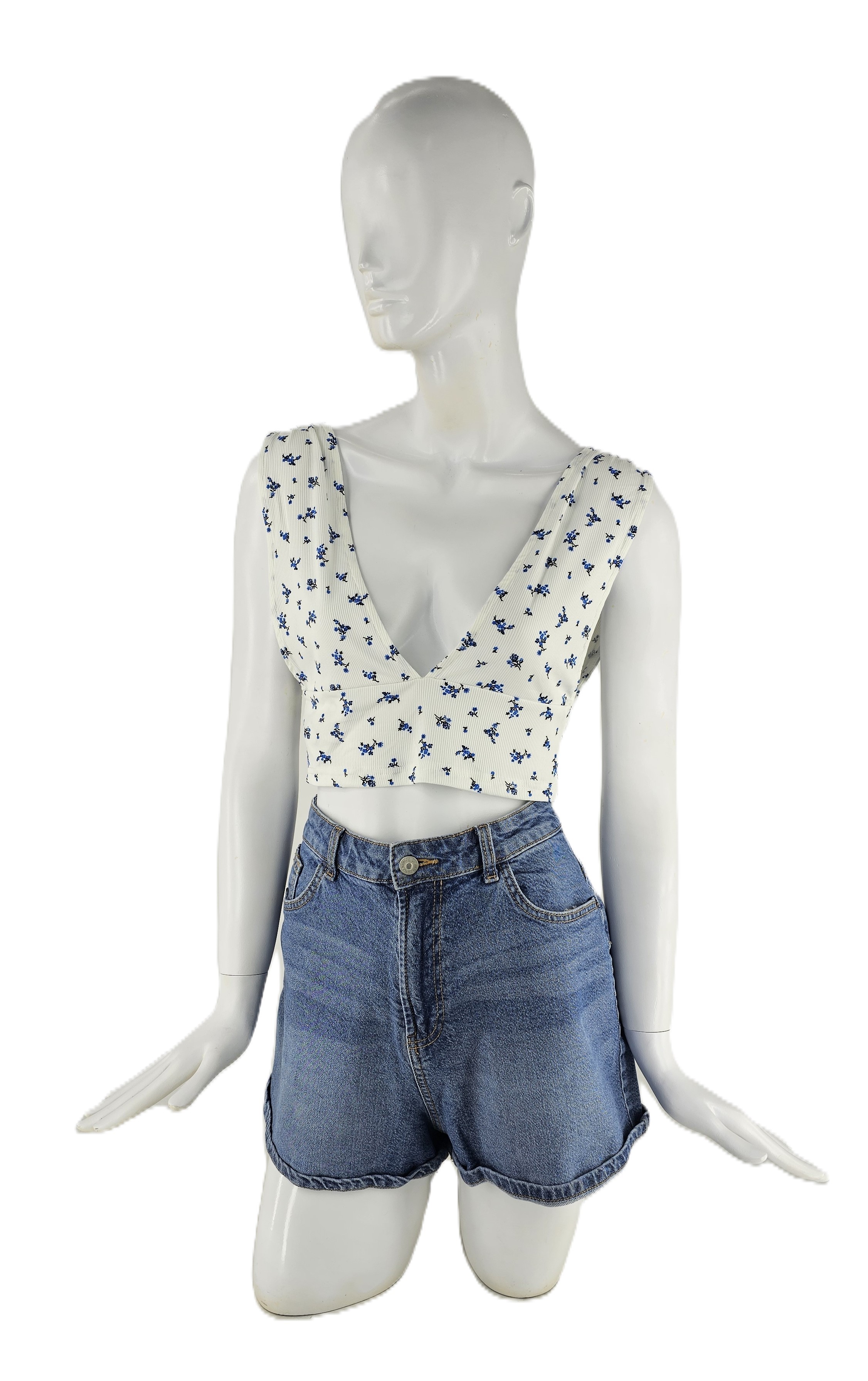 Kanatjere Femrash Crop Top Cider Ngjyre e Bardhe me Lule Blu Outlet
