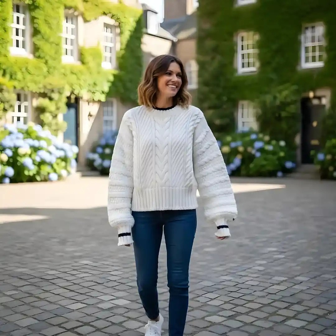 Pulover  Femrash Tommy Jeans Ngjyre e Bardhe me Vije Blu te Erret tek Qafa dhe Duart S.Hand Womens Sweater