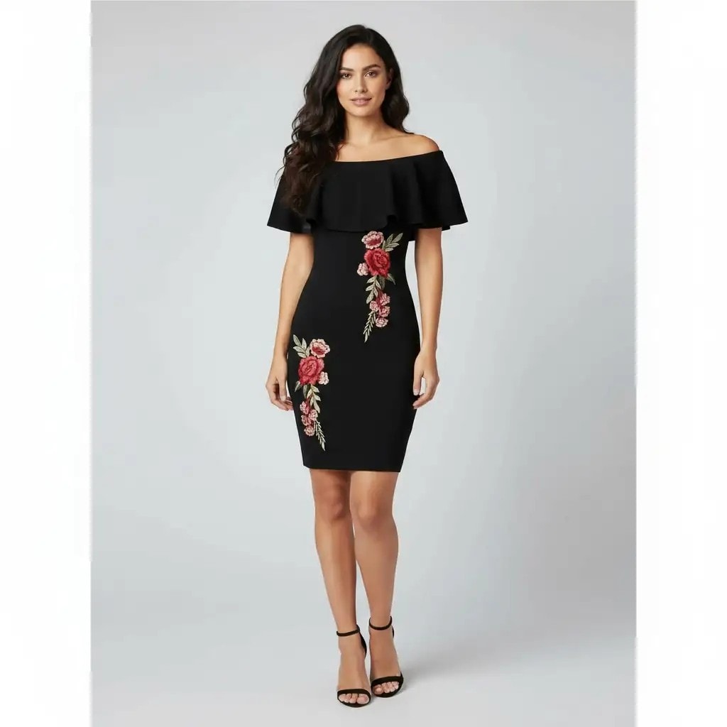 Fustan Femrash Ngjyre i Zi me Detaj Lulesh Roze Outlet Womens Dress