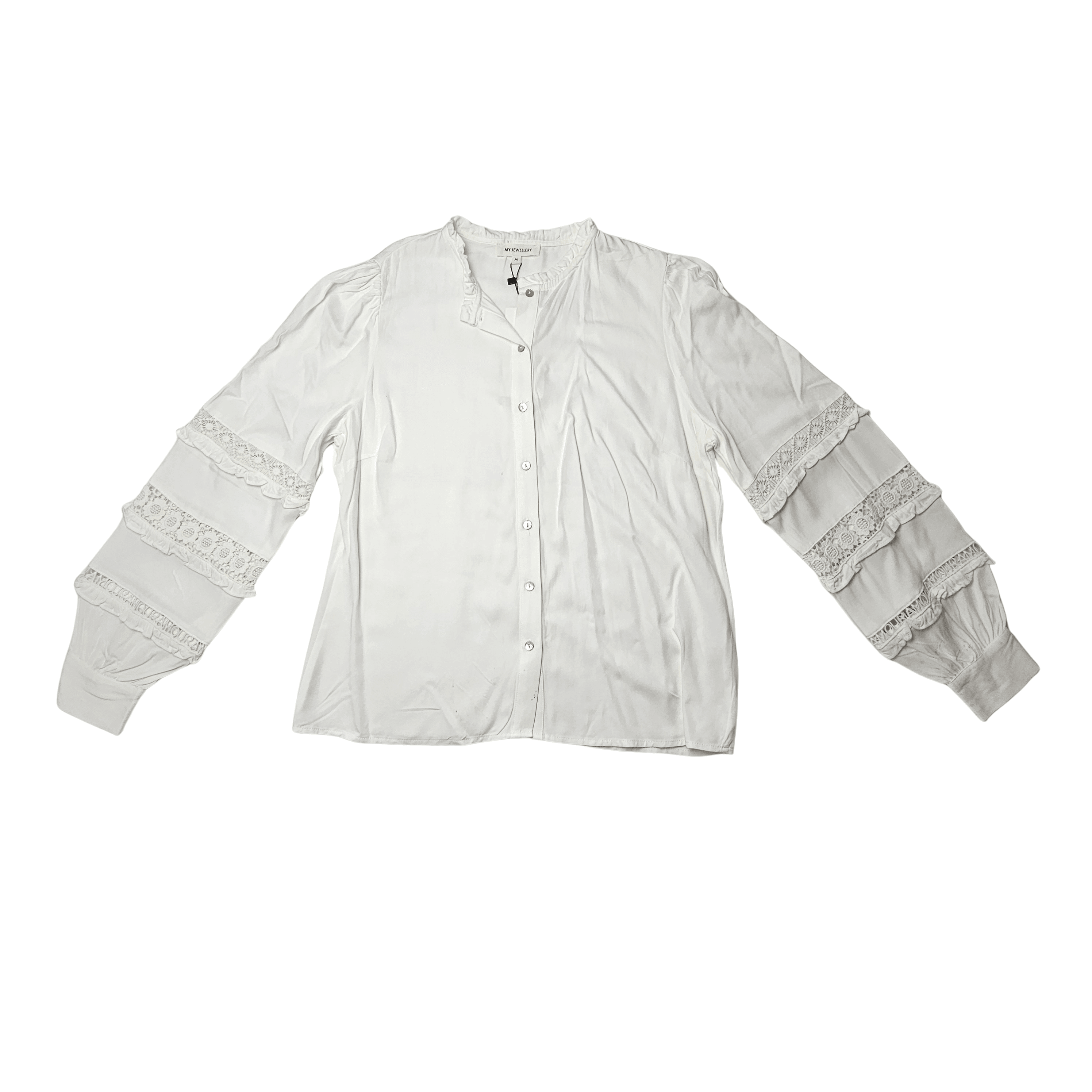 Kemishe Femrash Ngjyre e Bardhe me Detaje Dantelle tek Krahet Outlet Womens Shirt