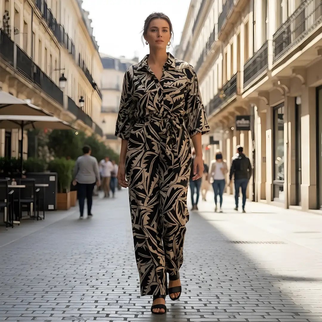 Paliceta Femrash  Ngjyre Bezhe me Dizajn te Zi Outlet Womens Jumpsuit