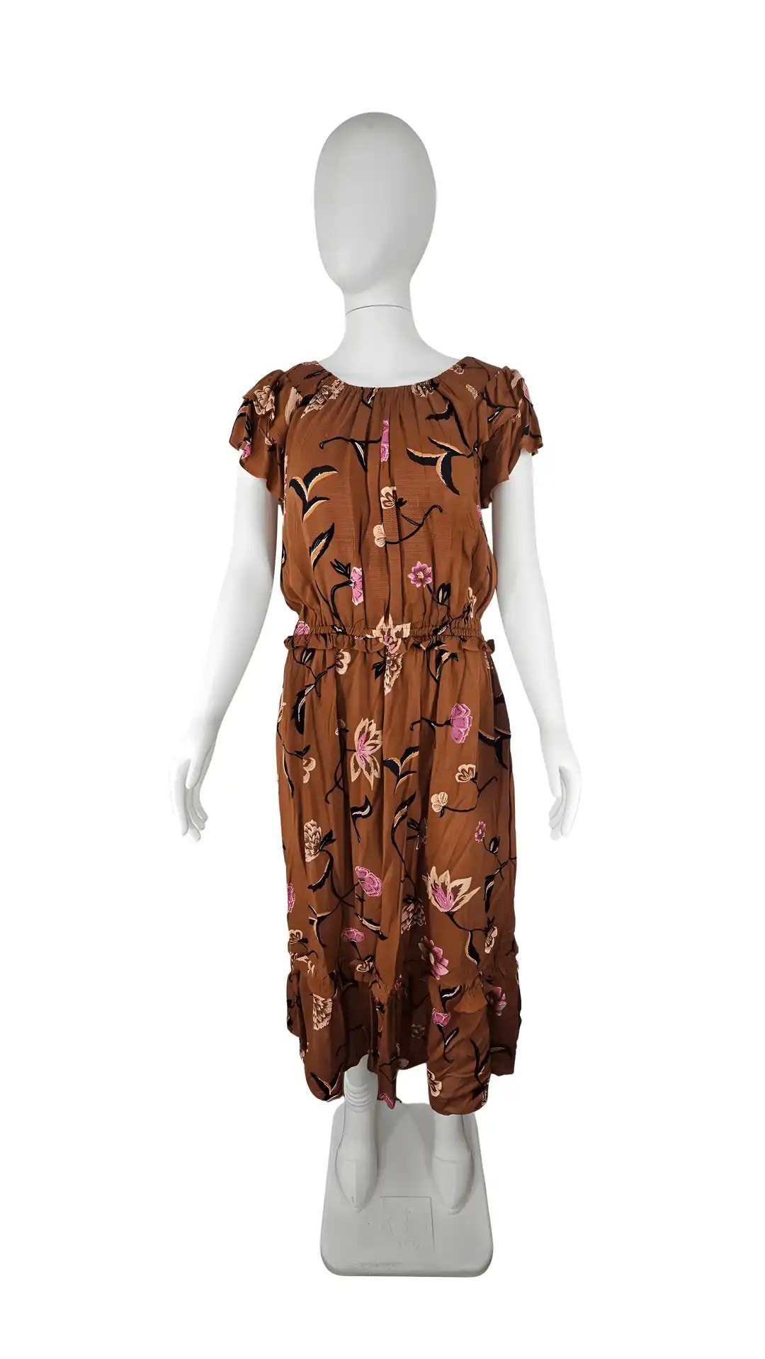 Fustan Femrash Ngjyre Kaf me Dizajn me Lule Outlet