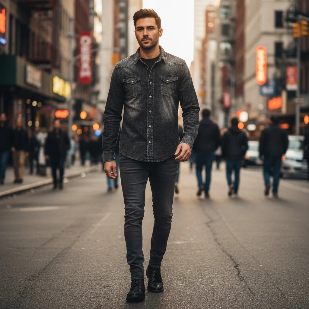 Kemishe Xhins Meshkujsh Tigha Ngjyre Gri e Erret S.Hand Shirt