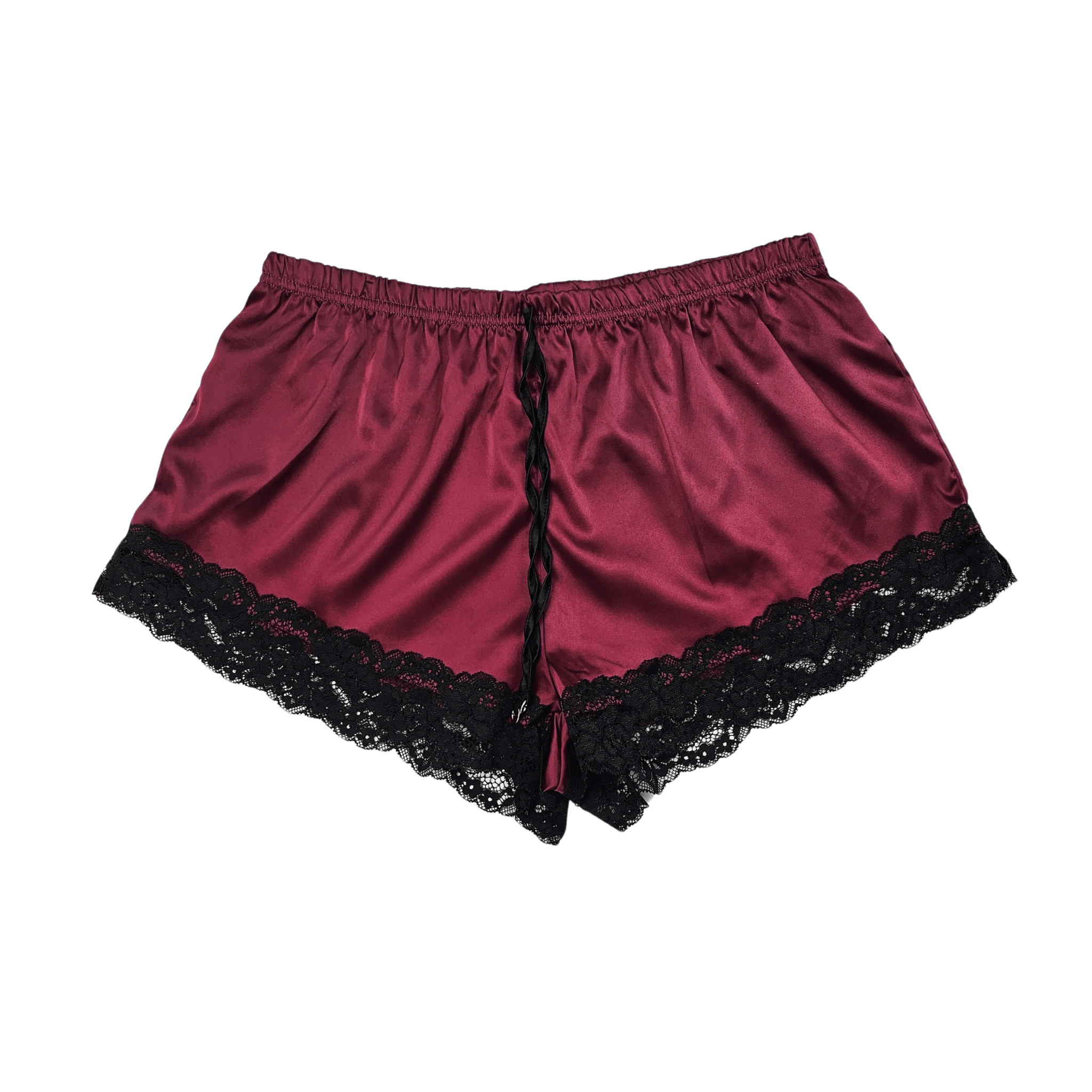 Veshje Gjumi Tuta te Shkurtra Saten Ngjyre Vishnje me Dantelle te Zeze S.Hand/Sleeping Clothes