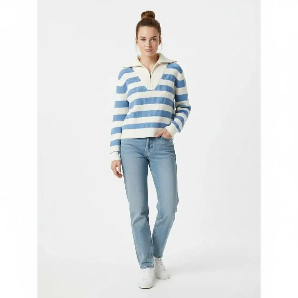 Pulover Femrash MNG Ngjyre Dizajn me Vija Blu dhe te Bardha S.Hand
