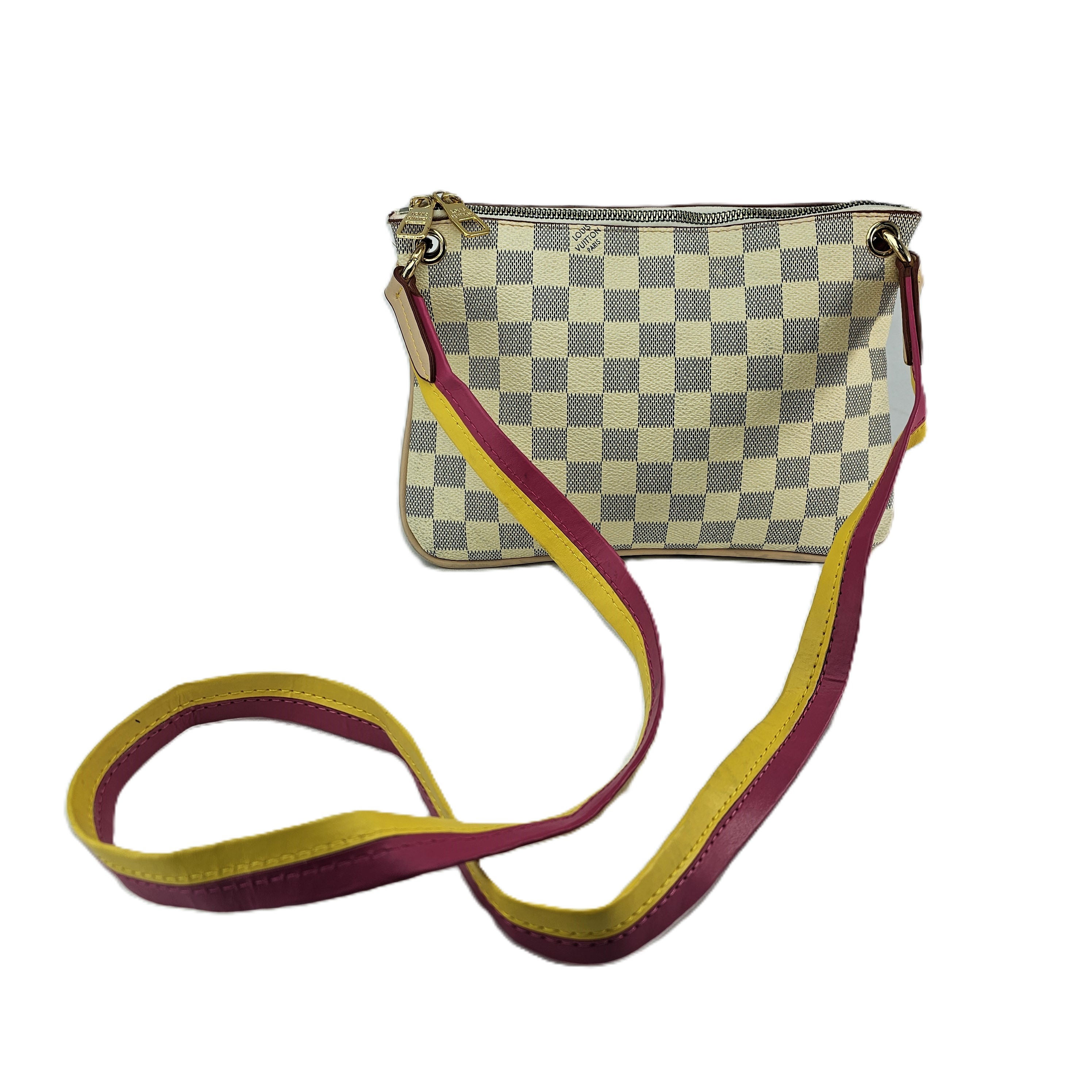 Cante Louis Vuitton Paris Ngjyre Pastel me Katror Gri dhe Rrip me Dizajn Roze dhe te Verdhe S.Hand
