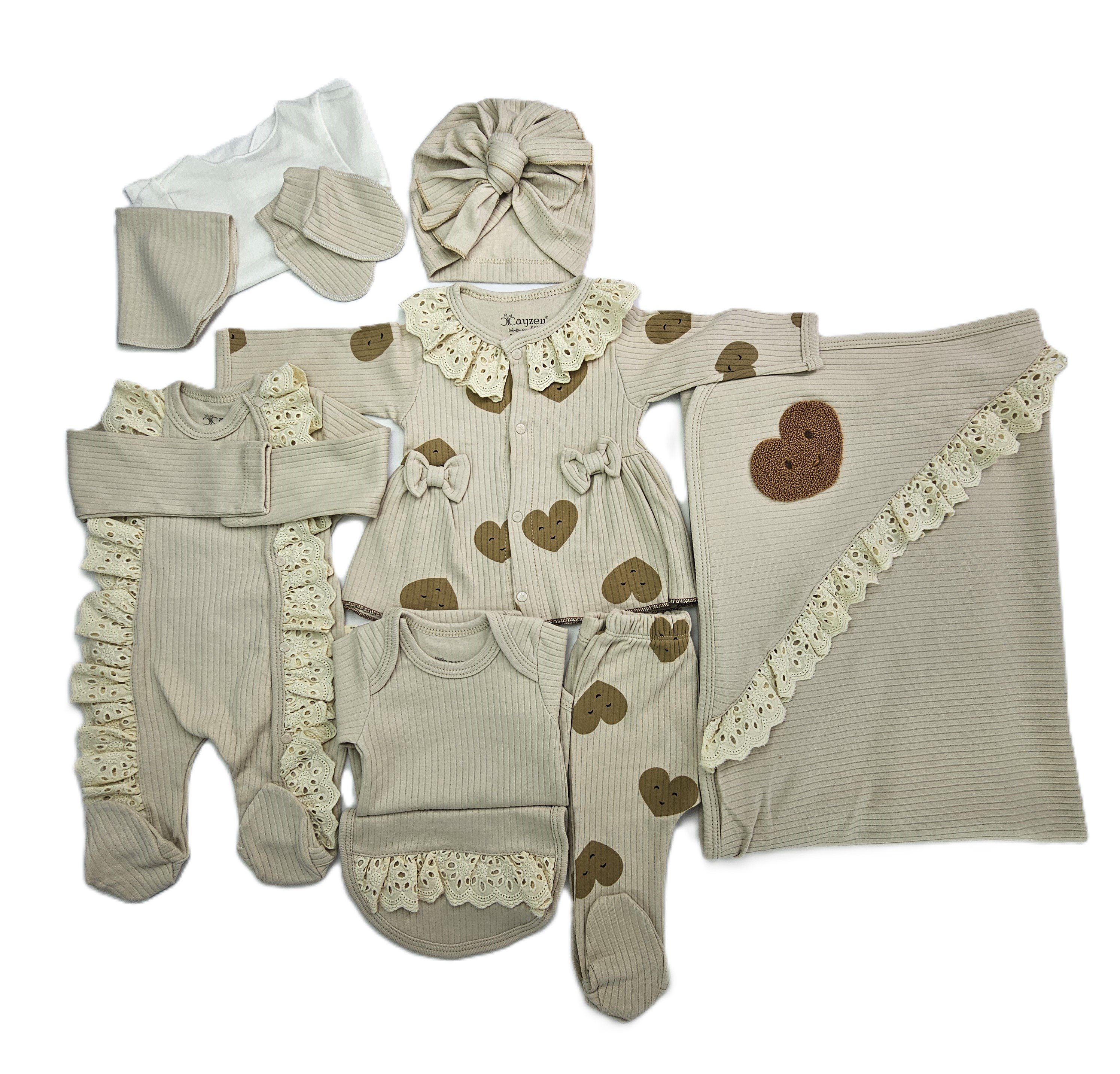 Set Bebesh 10 Pjese Mini Cayzen 3011 Ngjyre Bezhe me Dantelle/New Born Baby Set