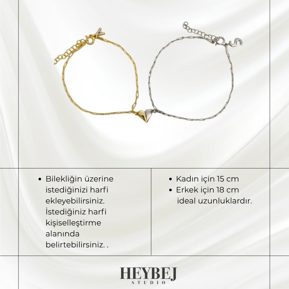 925 | Mıknatıs Kalpli Harfli Aralıklı Zincir Çift Bilekliği (2 Adet) 