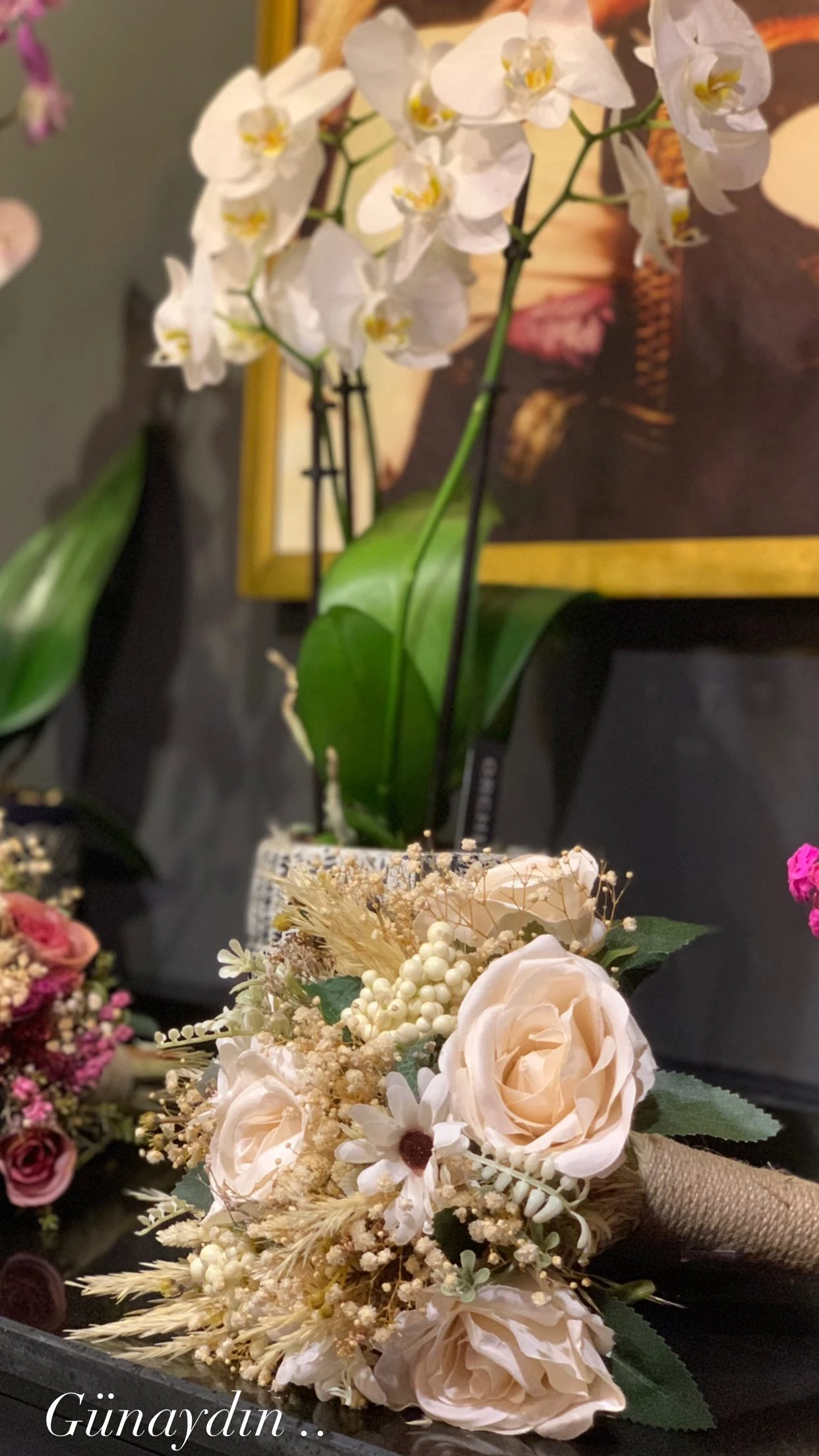 Somon Gül ve Kuru Çiçek Gelin Buketi