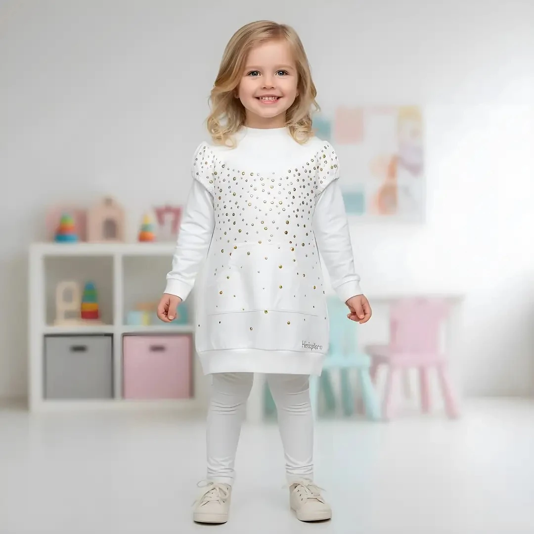 Önü Taşlı Kız Çocuk Tunik Elbise - KREM