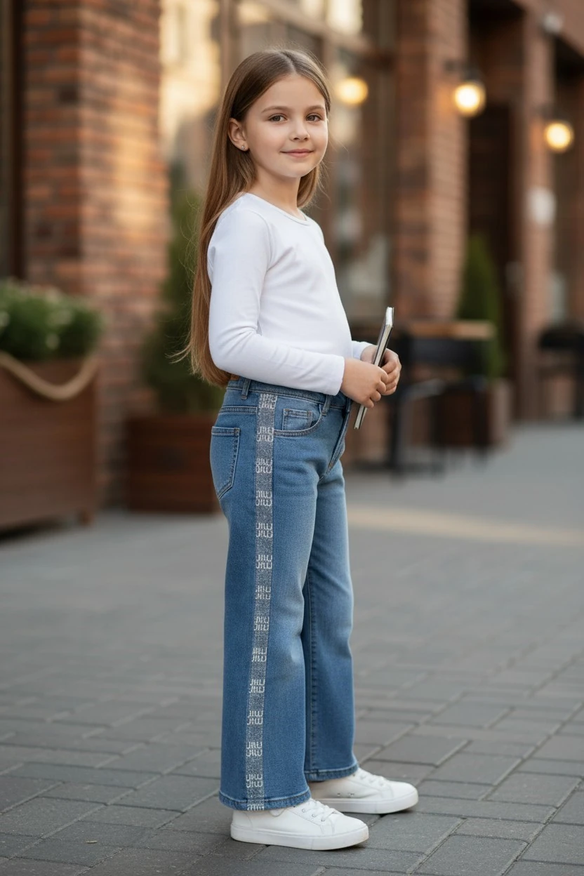 Taşlı İspanyol Paça Kız Çocuk Kot Pantolon