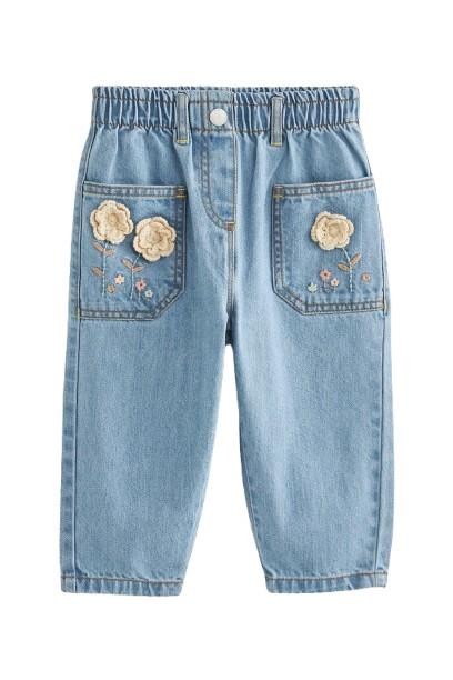 Çiçek Nakışlı Beli Lastikli Kız Çocuk Kot Pantolon
