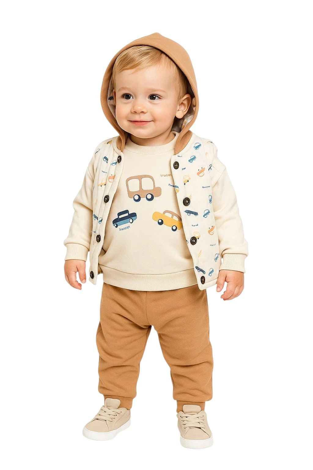 Araba Desenli Yelekli Erkek Bebek Takım