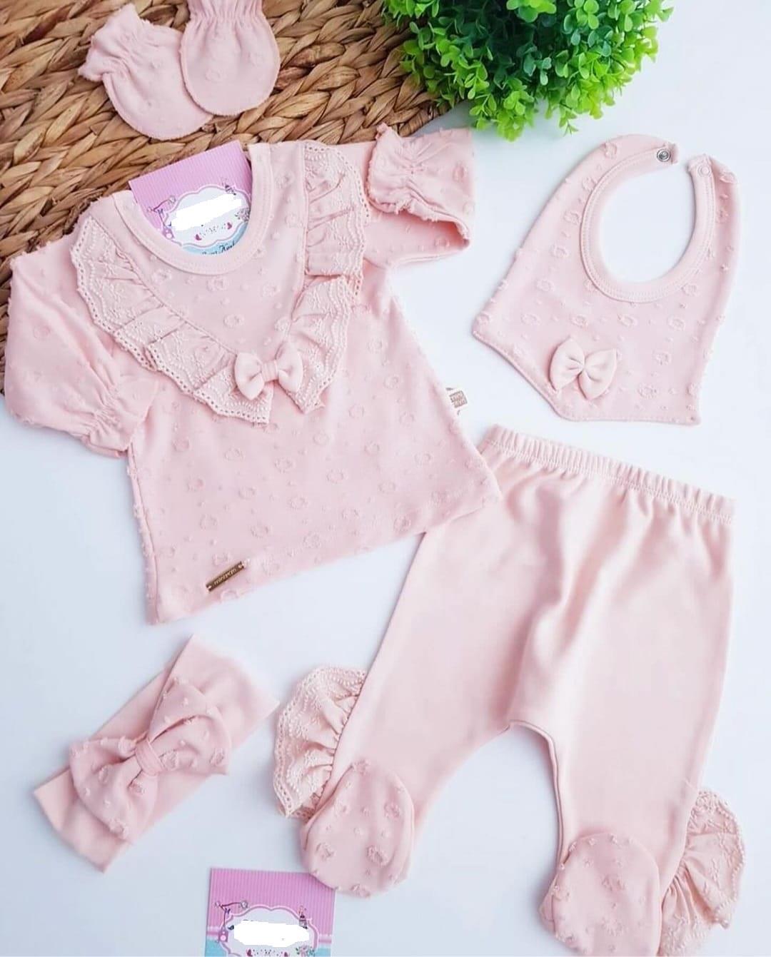 Yakası Dantelli Kız Bebek Zıbın Set 5 Parça