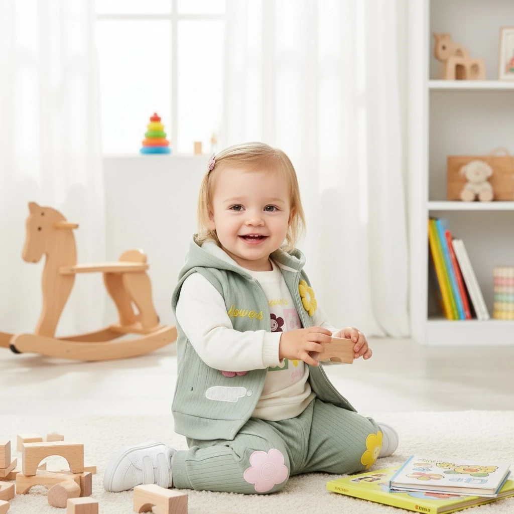 Çiçek Nakışlı Yelekli Kız Bebek Alt Üst Takım