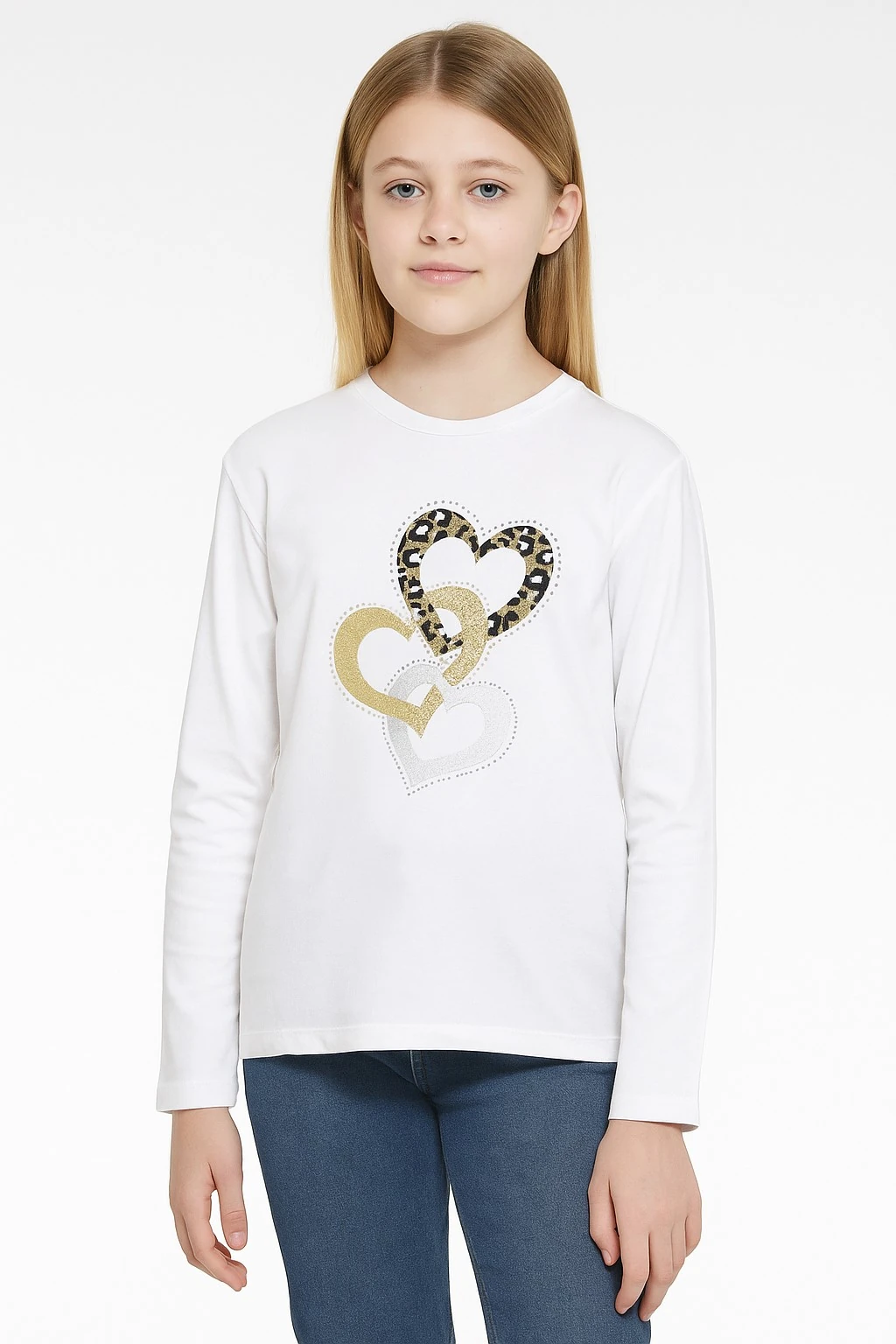 Kalp Desenli Uzun Kol Kız Çocuk Tişört (2. Kalite)