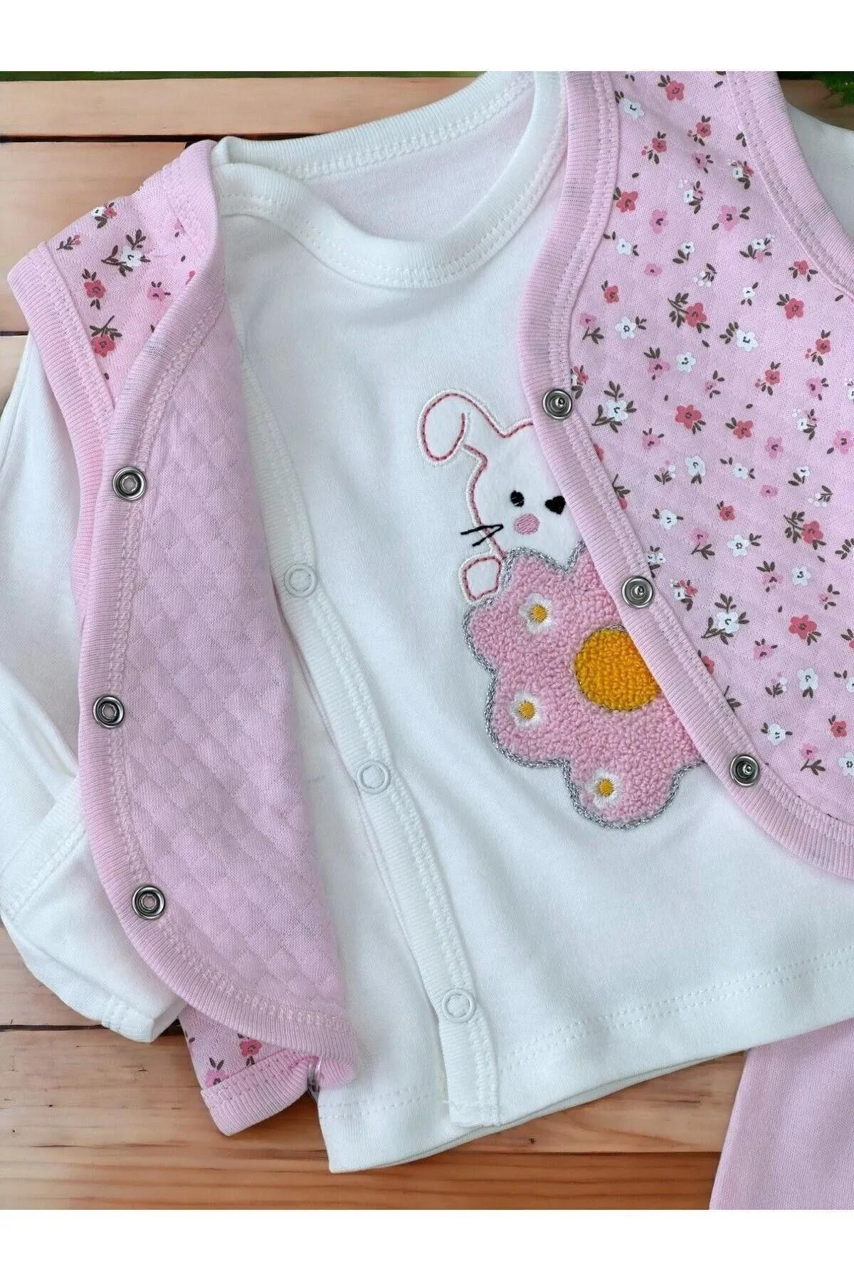 Çiçekli Yelekli Kız Bebek Zıbın Takım 5 Parça