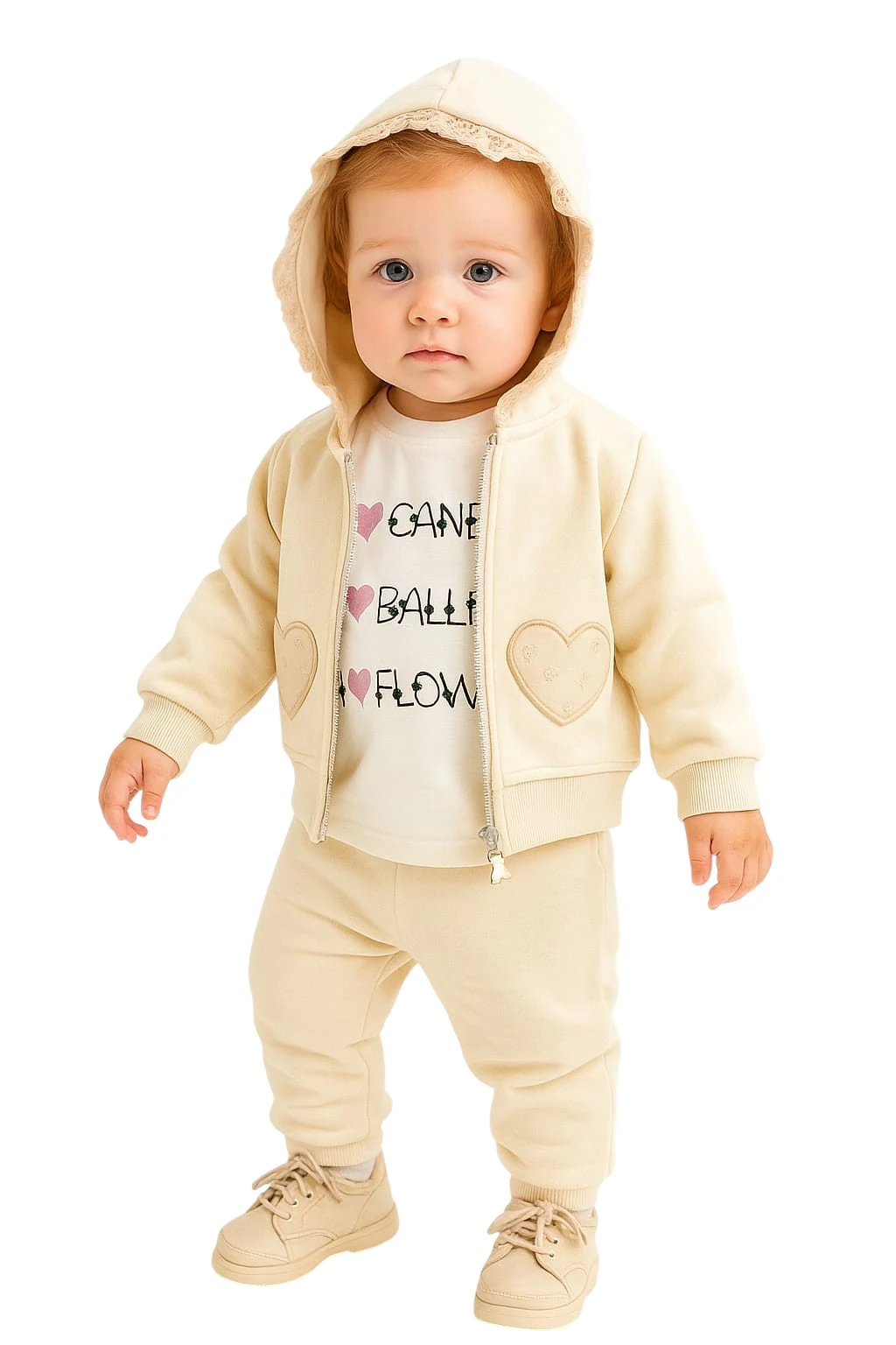 Kalp Nakışlı Hırkalı Kışlık Kız Bebek Eşofman Takım 3lü Set