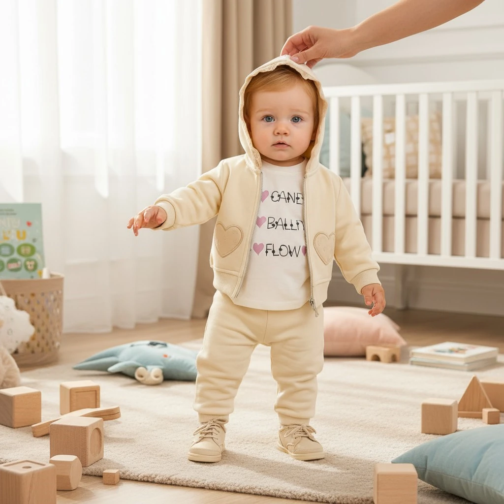 Kalp Nakışlı Hırkalı Kışlık Kız Bebek Eşofman Takım 3lü Set