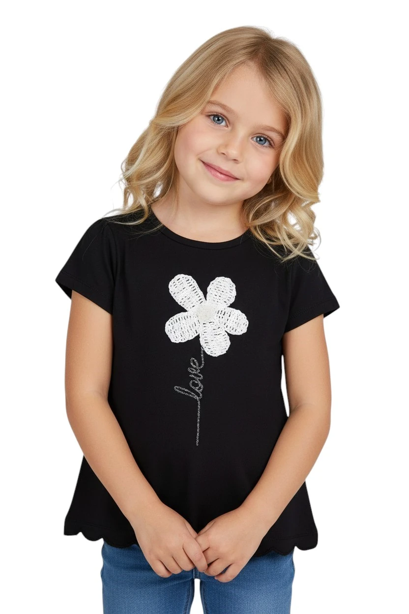 Çiçek Nakışlı Kız Çocuk Tişört