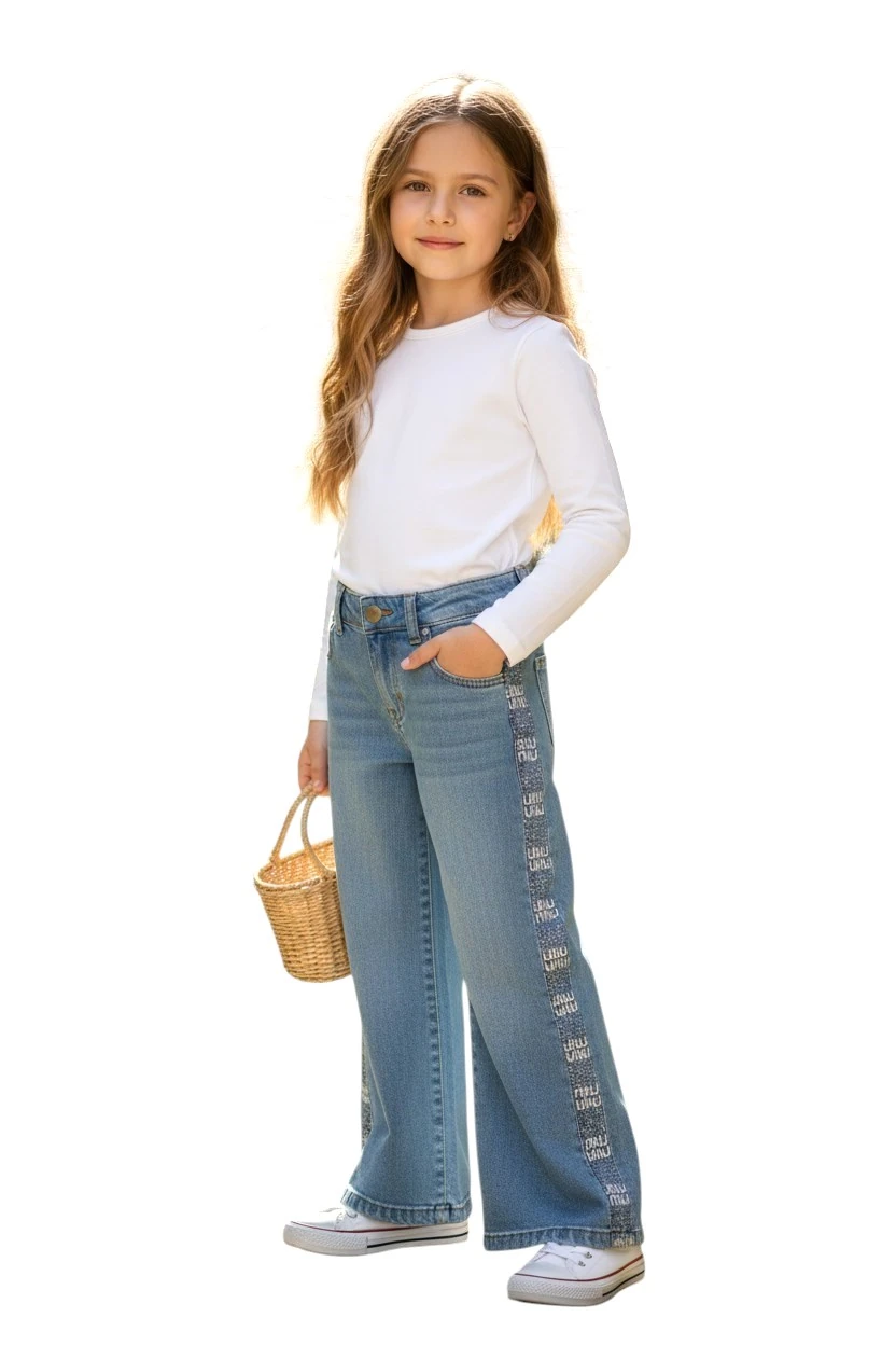 Taşlı İspanyol Paça Kız Çocuk Kot Pantolon