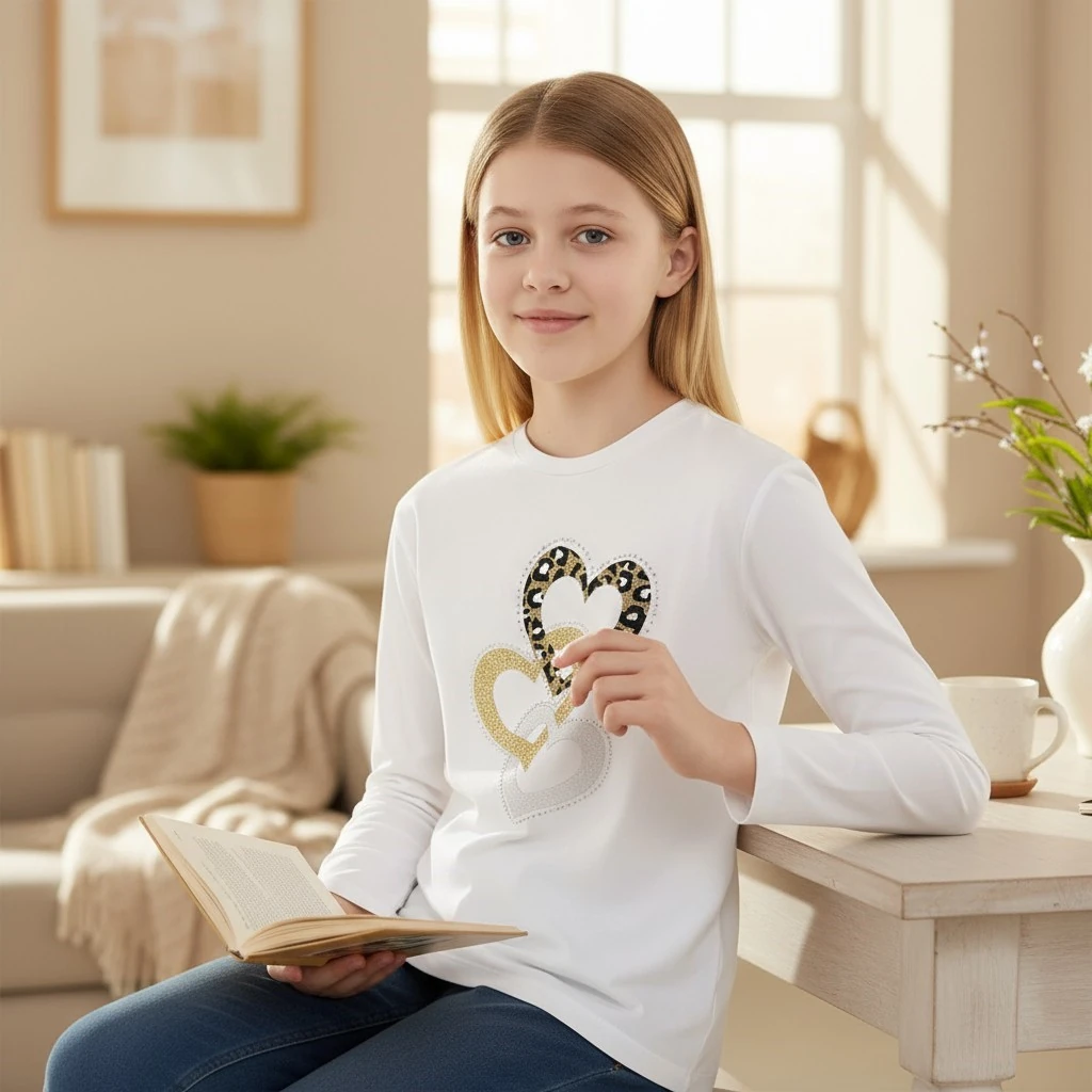 Kalp Desenli Uzun Kol Kız Çocuk Tişört (2. Kalite)
