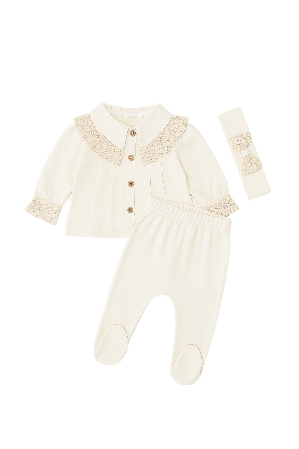 Yakası Dantelli Kız Bebek Zıbın Set 3 Parça