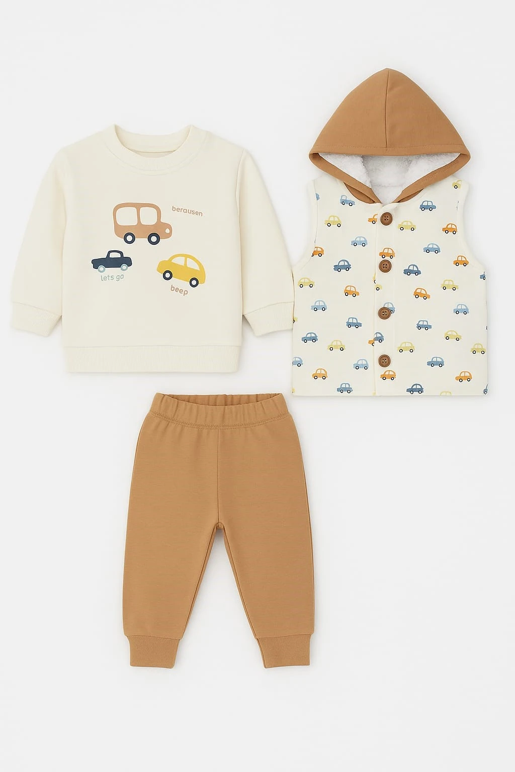 Araba Desenli Yelekli Erkek Bebek Takım