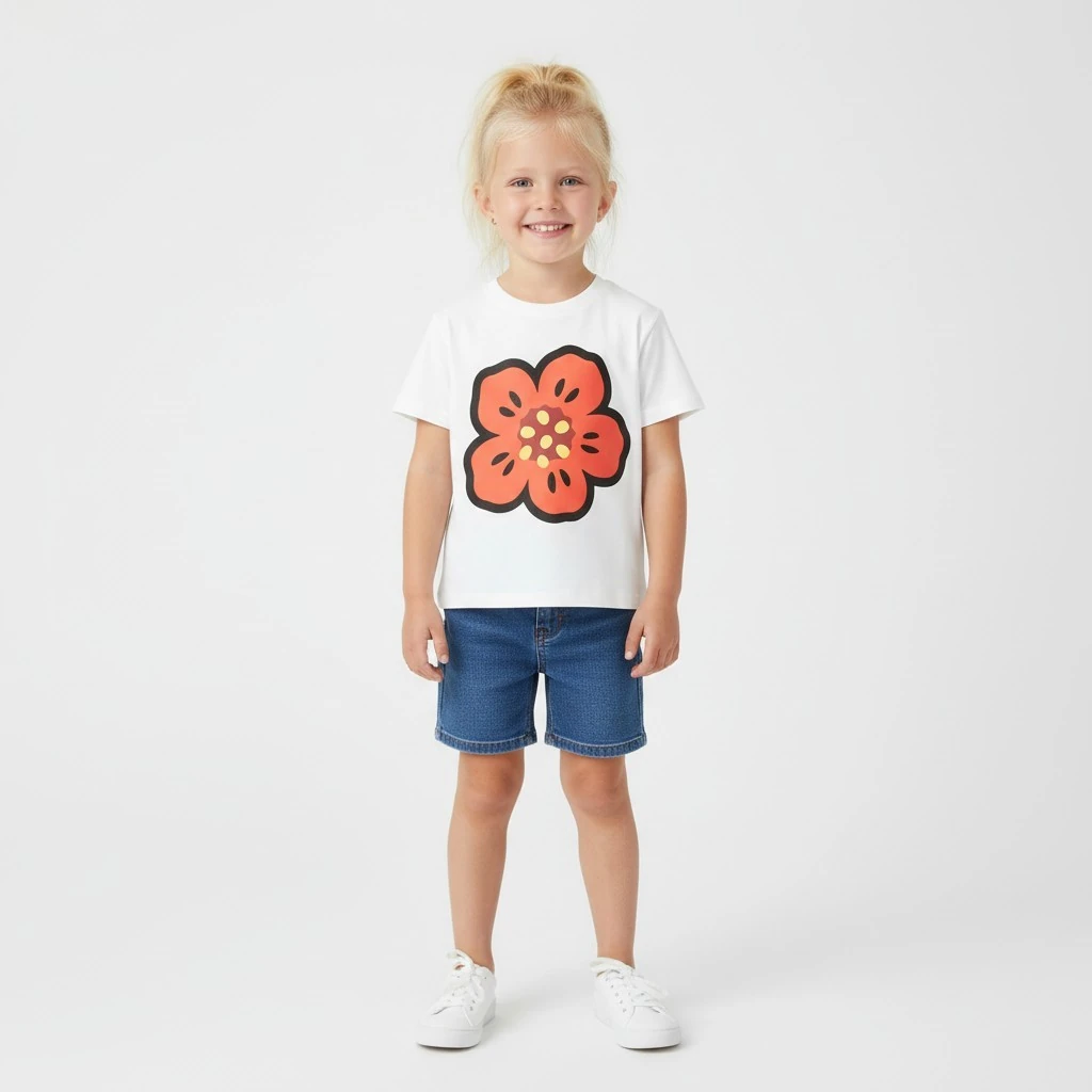 Çiçek Baskılı Oversize Kız Çocuk Tişört