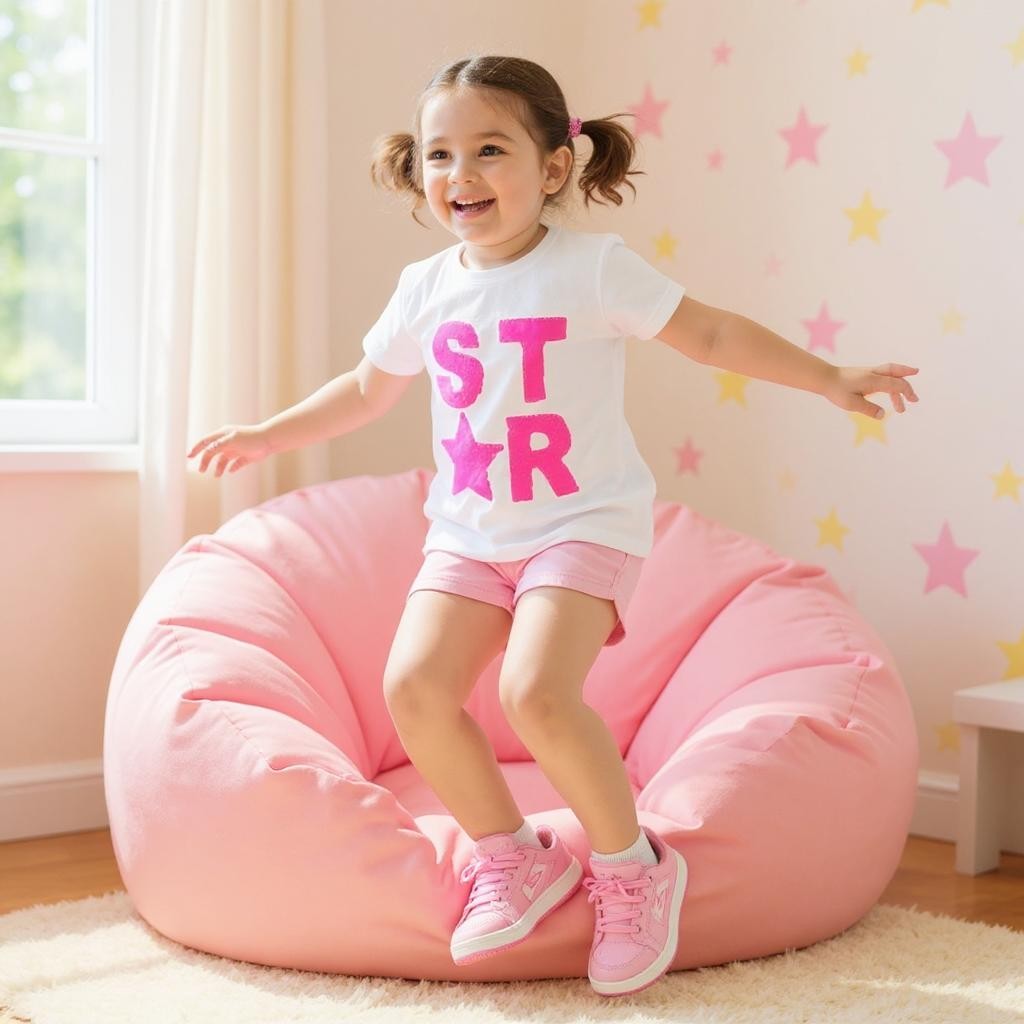Star Pullu Oversize Kız Çocuk Tişört