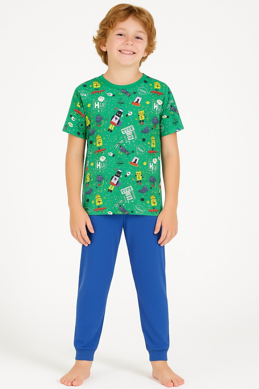 Desenli Kısa Kollu Erkek Çocuk Pijama Takım