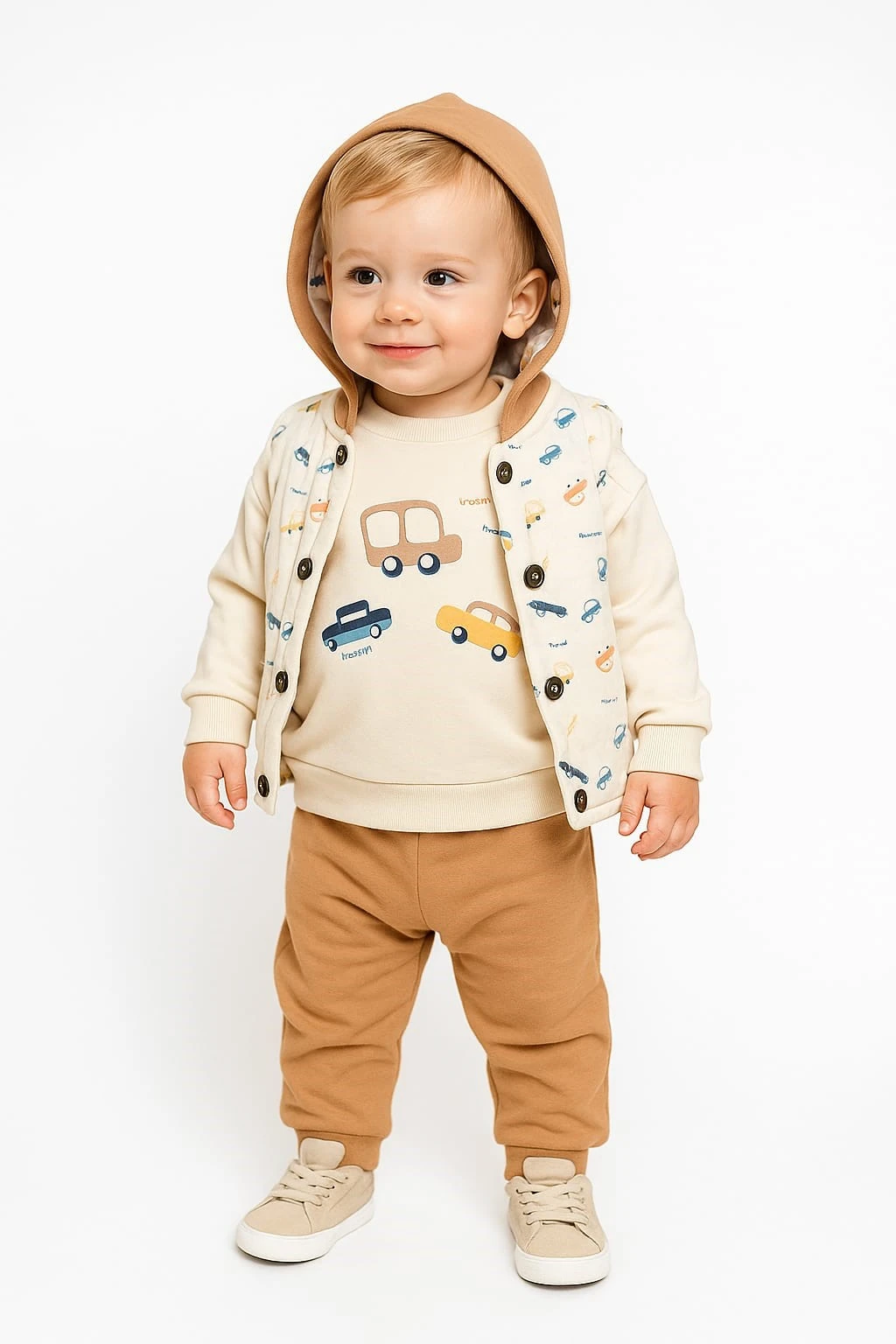 Araba Desenli Yelekli Erkek Bebek Takım