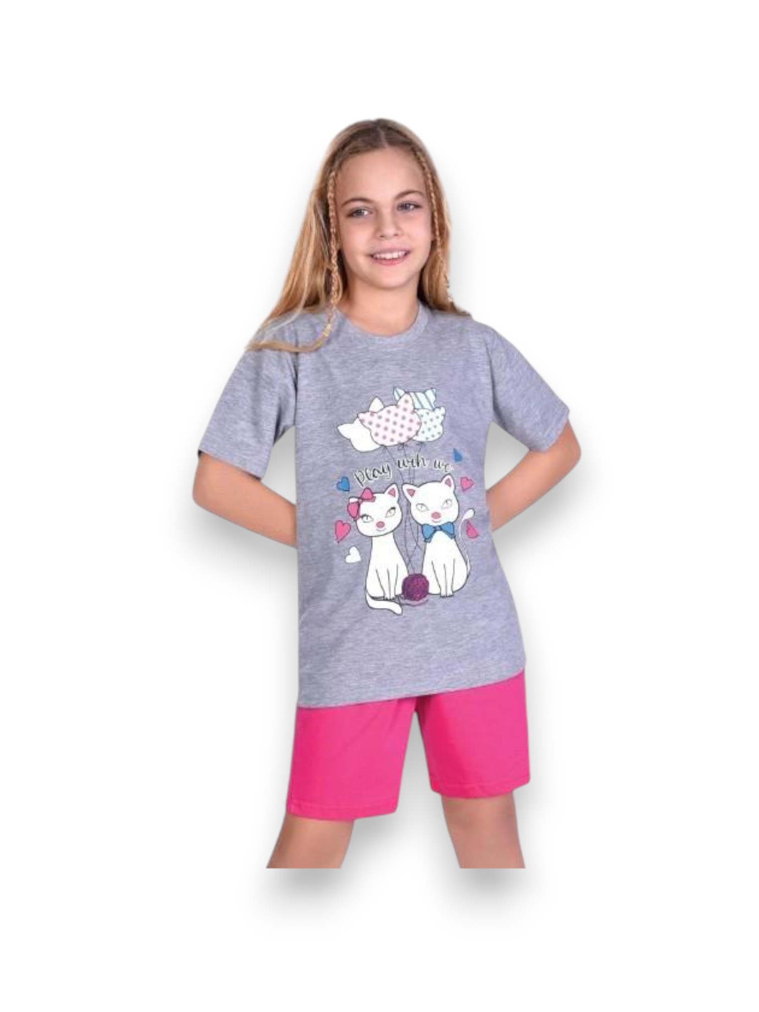 Kedili Kısa Kollu Kız Çocuk Pijama Takım
