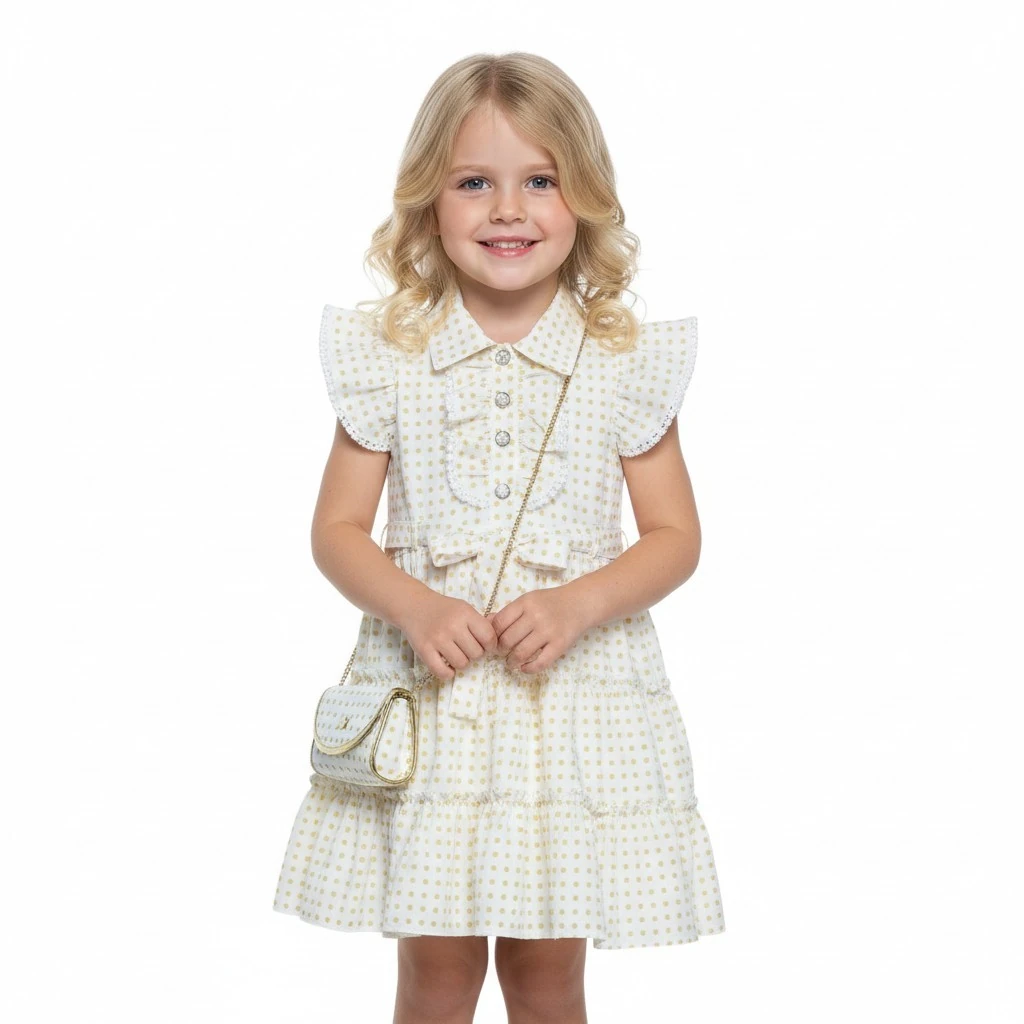 Çantalı Puantiyeli Kız Çocuk Elbise