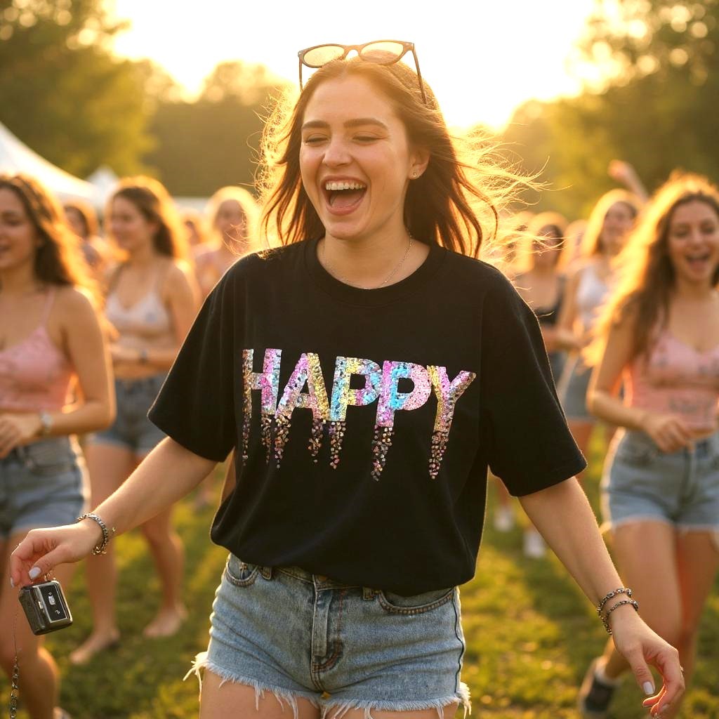 Happy Pullu Oversize Kız Çocuk Tişört