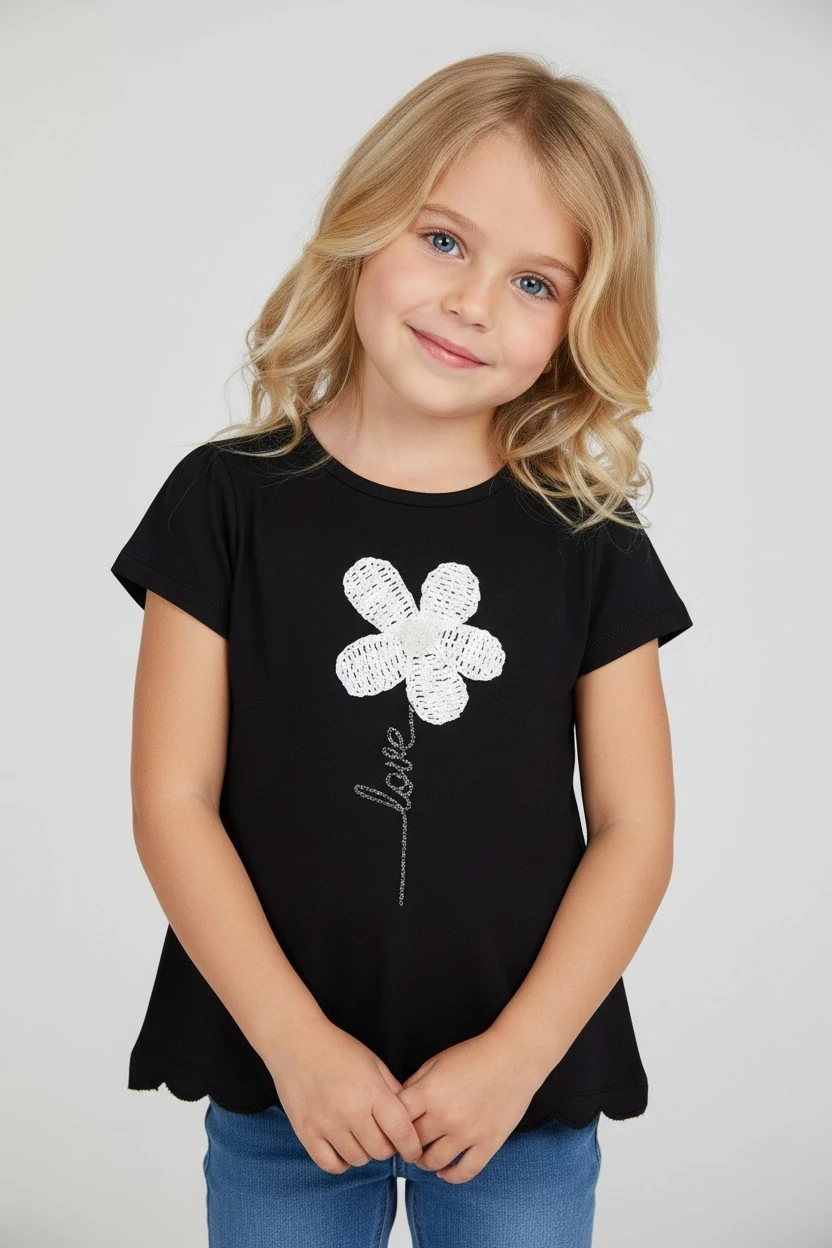 Çiçek Nakışlı Kız Çocuk Tişört