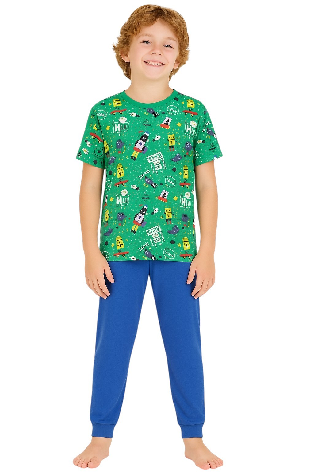 Desenli Kısa Kollu Erkek Çocuk Pijama Takım