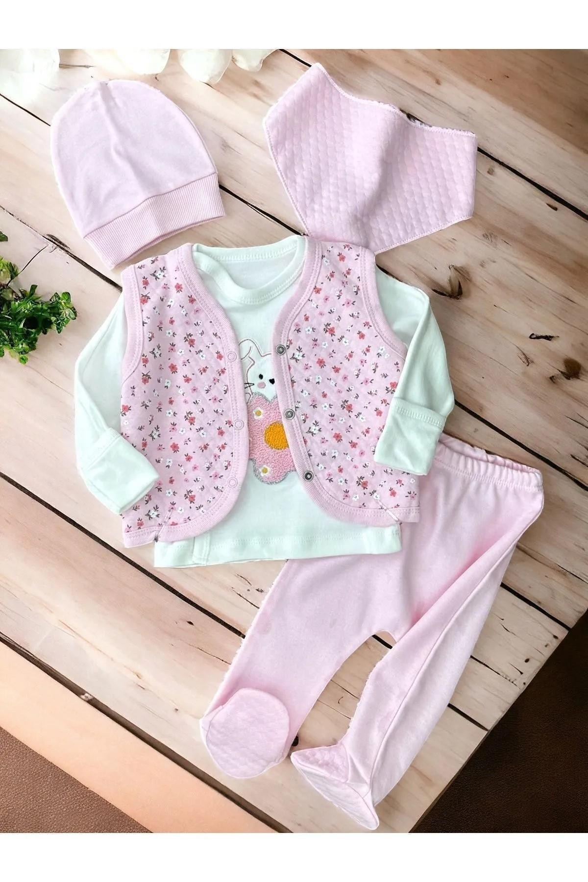 Çiçekli Yelekli Kız Bebek Zıbın Takım 5 Parça