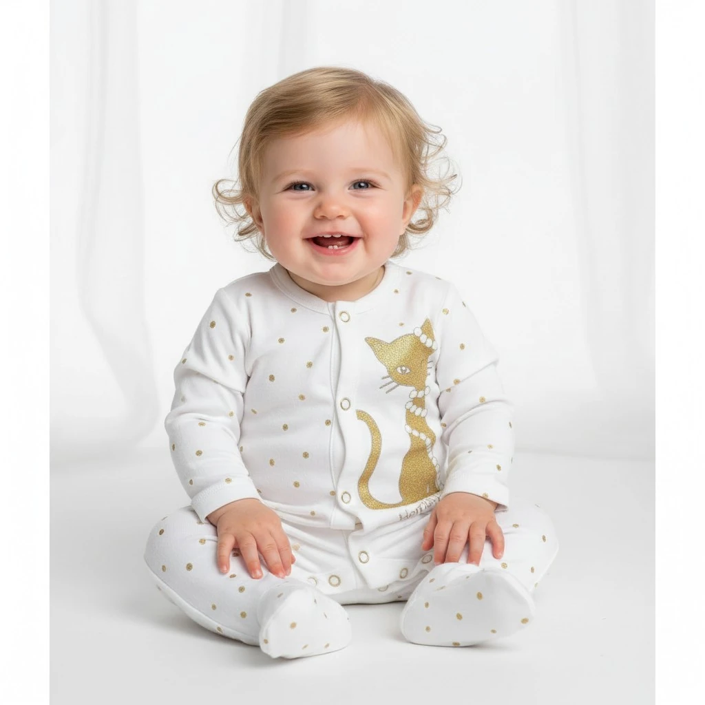 Kedi Desenli Kız Bebek Tulum